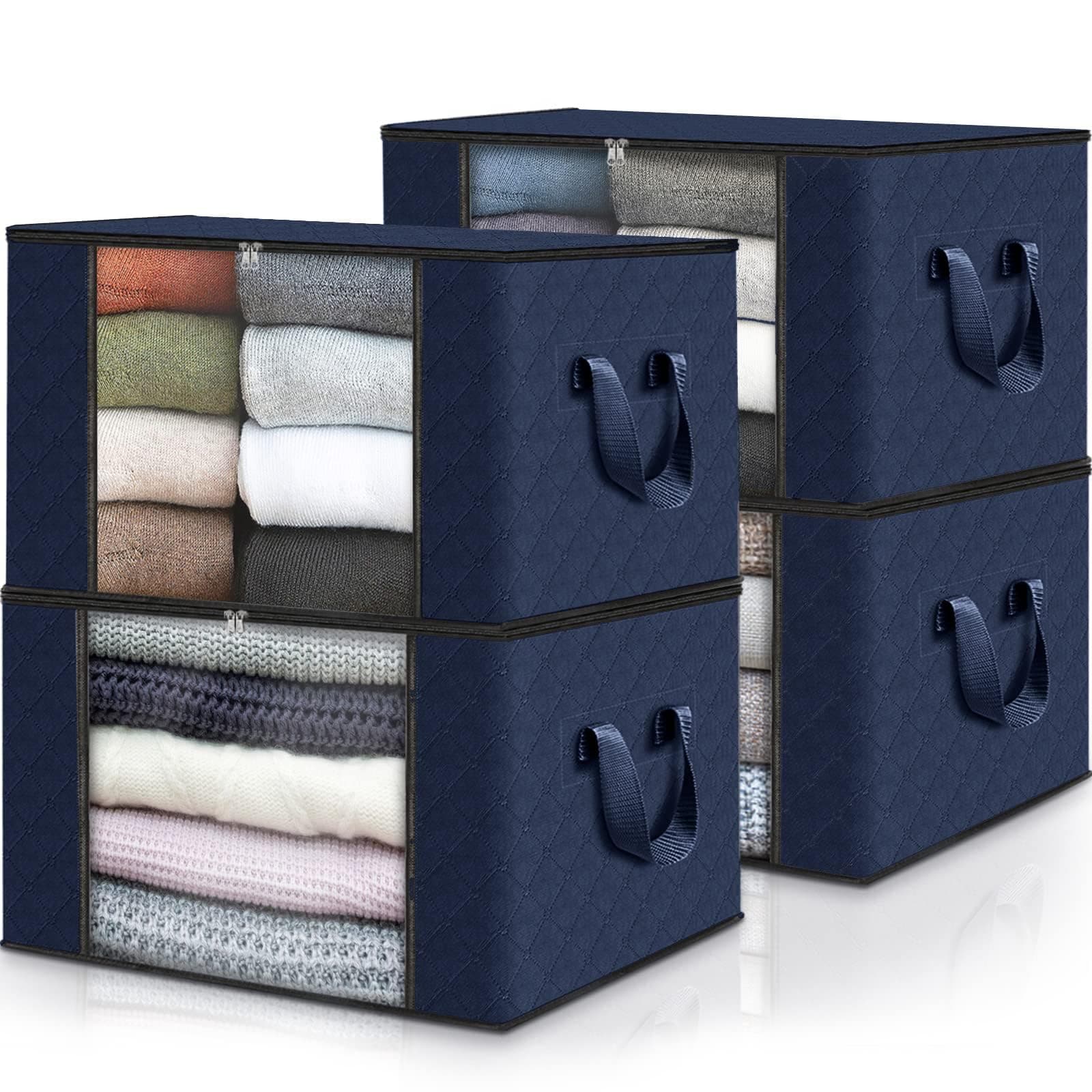 Fab totes Storage Bags,Clothes Blanket Storage Bins Foldable Closet Organizers with Reinforced Handle for Home Dorm Storage and Organization,Fabric Bags for Organizing Sheets,Clothing (Blue,4 Pack)
