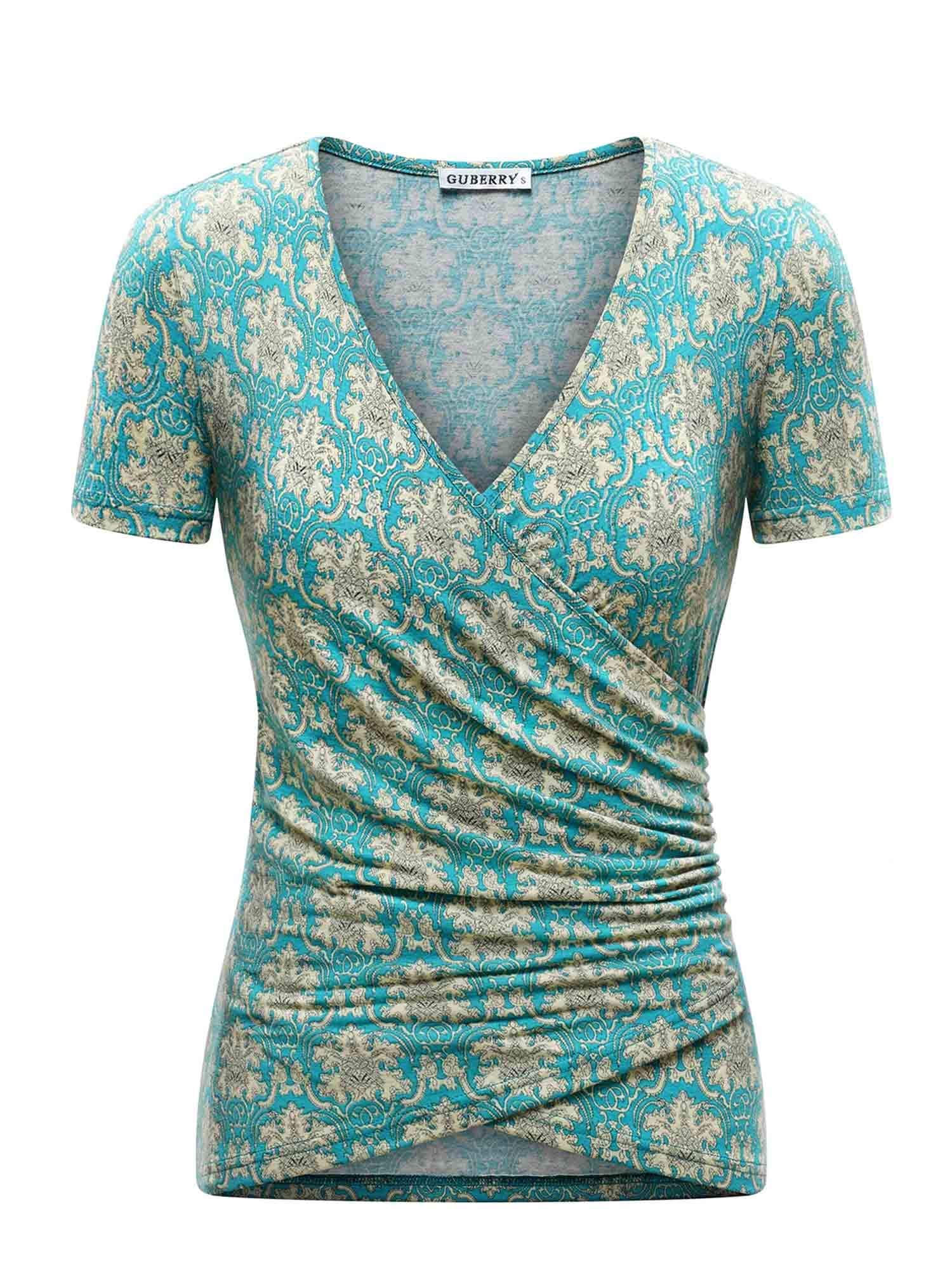 GUBERRY Womens Wrap Blouse Short Sleeve Sexy V Neck Slim Fit T Shirts Ruched Top Turquoise