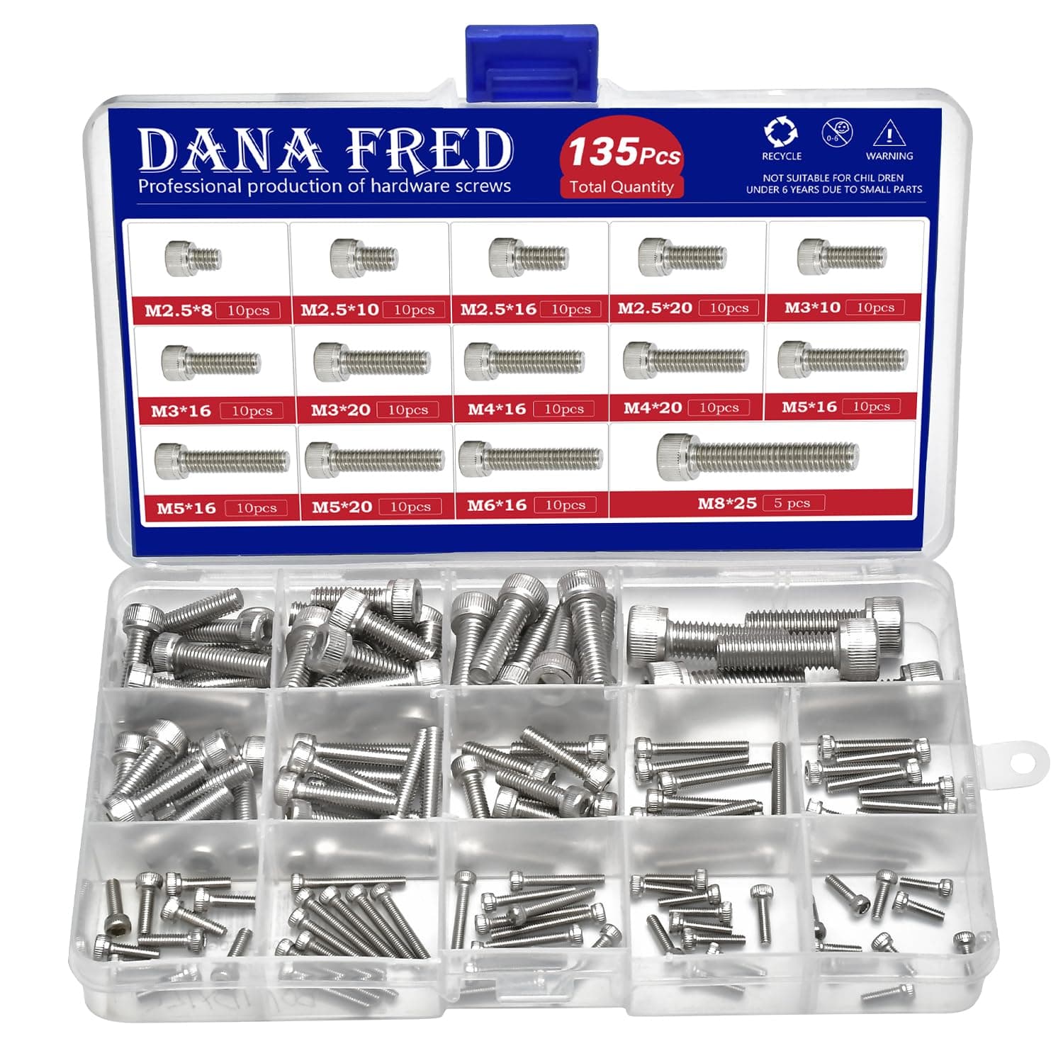 Hex Socket Head Cap Screw Metric Thread Hexagon Allen Machine Bolt M2.5 M3 M4 M5 M6 M8 Metal Standard Fastener Hardware Assortment Kit Set 135Pcs 304 Stainless Steel M2.5-M8