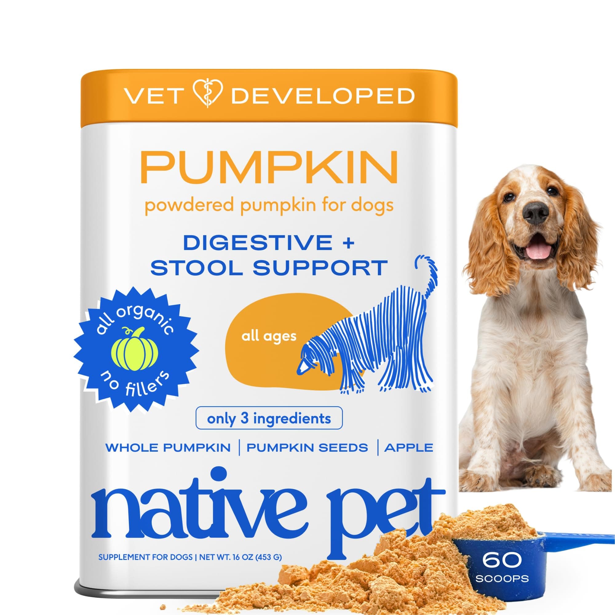 Native Pet Pumpkin for Dogs - Organic Dog Food Topper Powder - Promotes Firm Stools, Supports Digestive, Bowel Health & Nutrient Absorption - USDA Organic, Rich in Fiber with Real Pumpkin - 60 Scoops