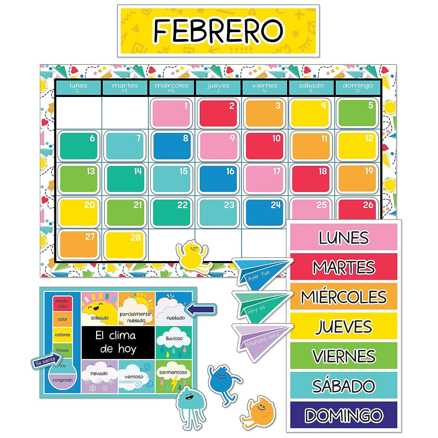 Carson Dellosa Happy Place Spanish Calendar Bulletin Board Set, Classroom Calendar with Monthly Calendar Headers, Holiday, Birthday, Blank Cover Ups, Weather, Seasons, Days of The Week Chart (139 pc)