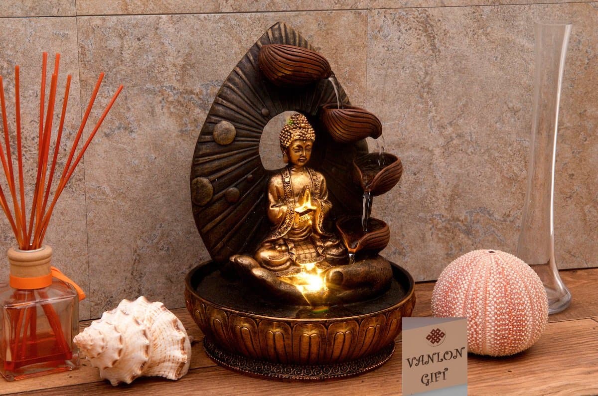 Water Fountain Buddha Prayer with LED Light / 4 Water Cups / Golden / Indoor / 8.5"x8.5"x12" | 3 Pin UK Plug