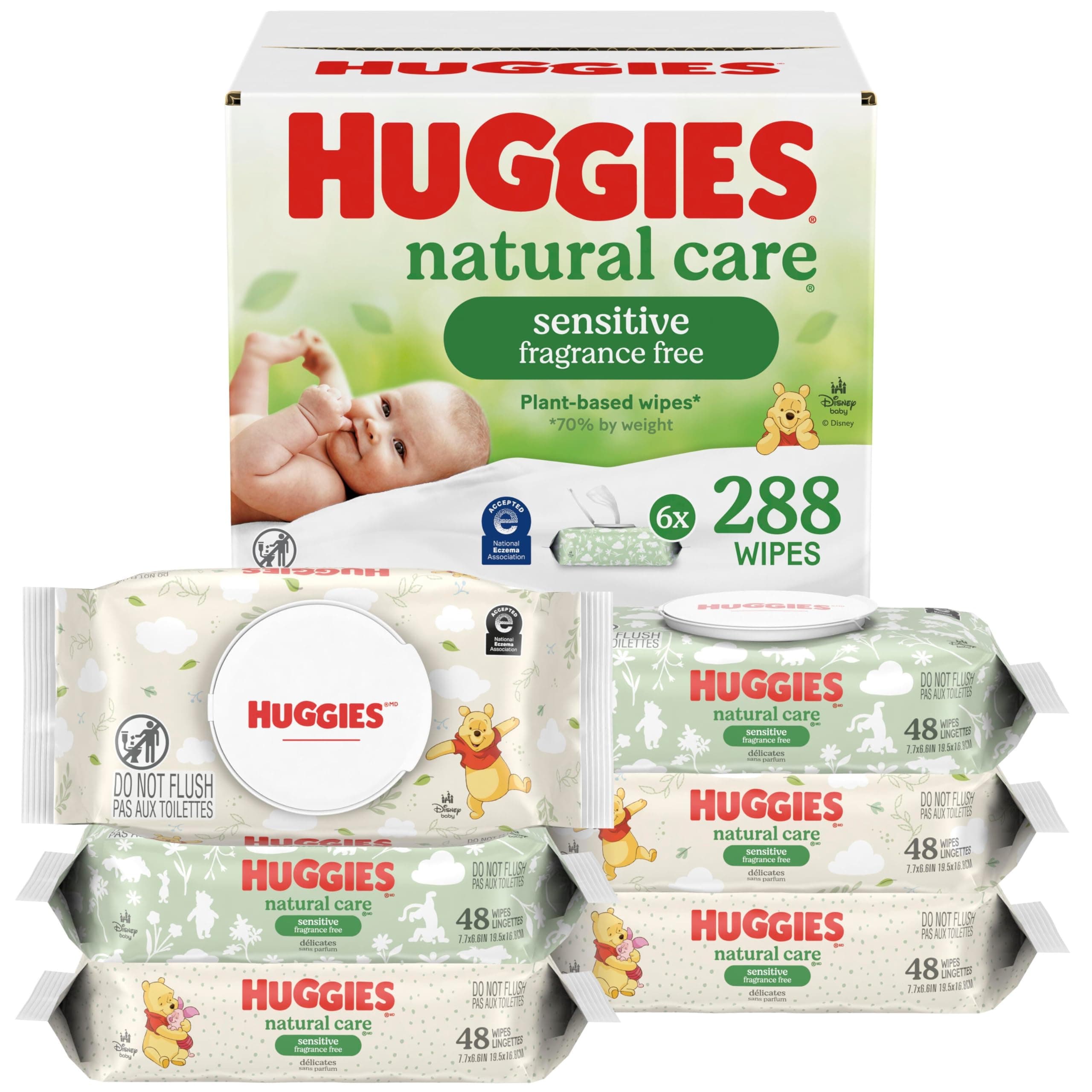Huggies Sensitive Baby Wipes, Natural Care Baby Diaper Wipes, Unscented, Hypoallergenic, 6 Flip-Top Packs (288 Wipes Total)