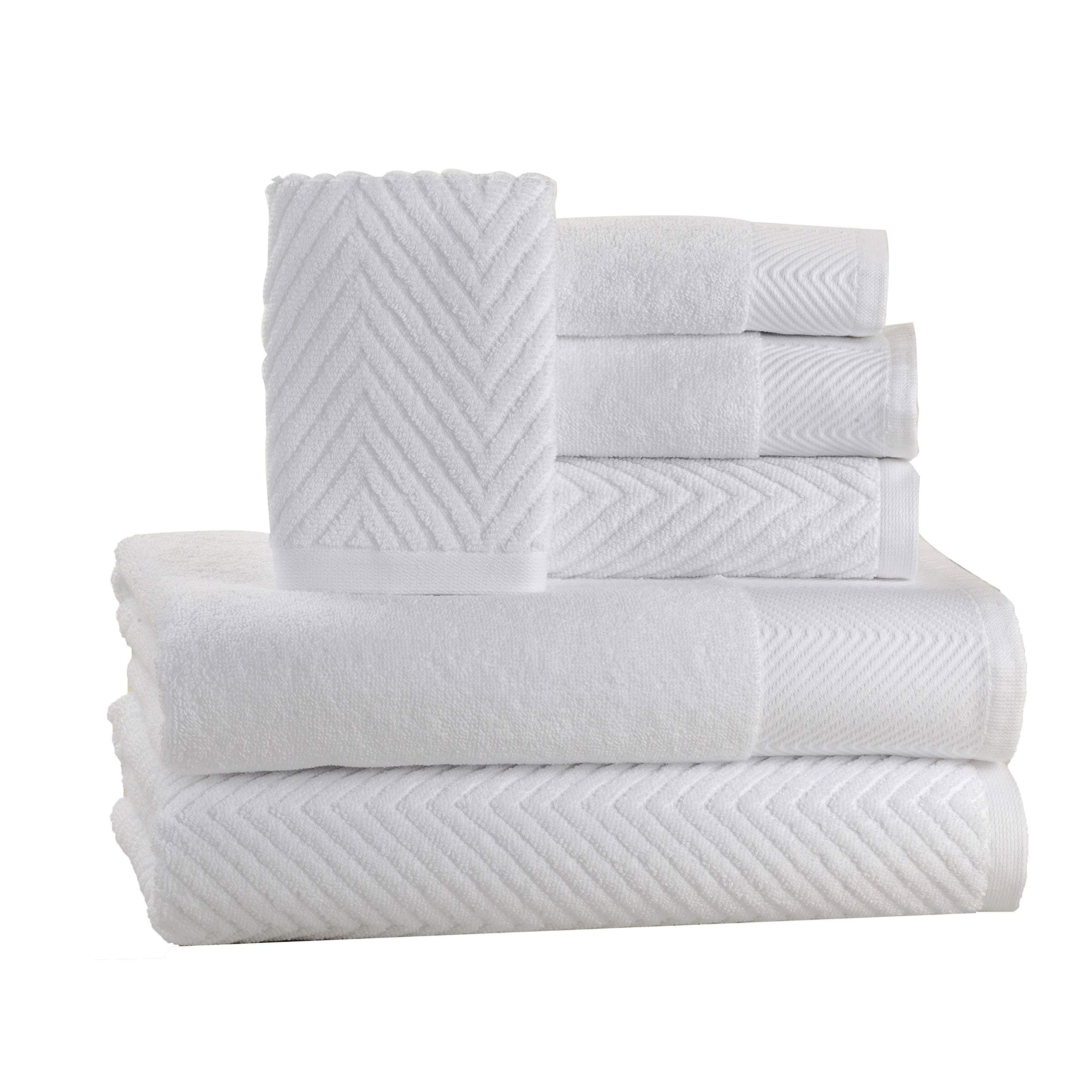 6 Piece Bath Towel Sets, 100% Cotton 600 GSM Chevron Towel Set, 2 Bath Towels, 2 Hand Towels, 2 Wash Cloths Extra Soft Fluffy Towel Set, Highly Absorbent Quick-Dry Luxury Towels Spa Quality - White