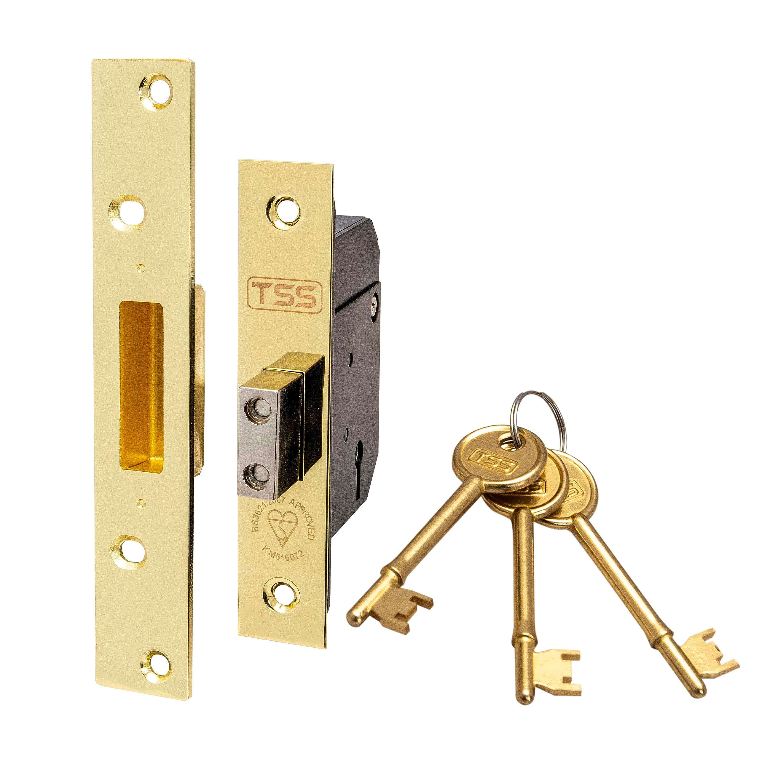 TSS High Security 5 Lever British Standard Mortice Deadlock Door Locks with 3 Keys and Fixings, 2.5'' (68mm) Polished Brass, Insurance Approved for External Doors, British Standard BS3621:2007