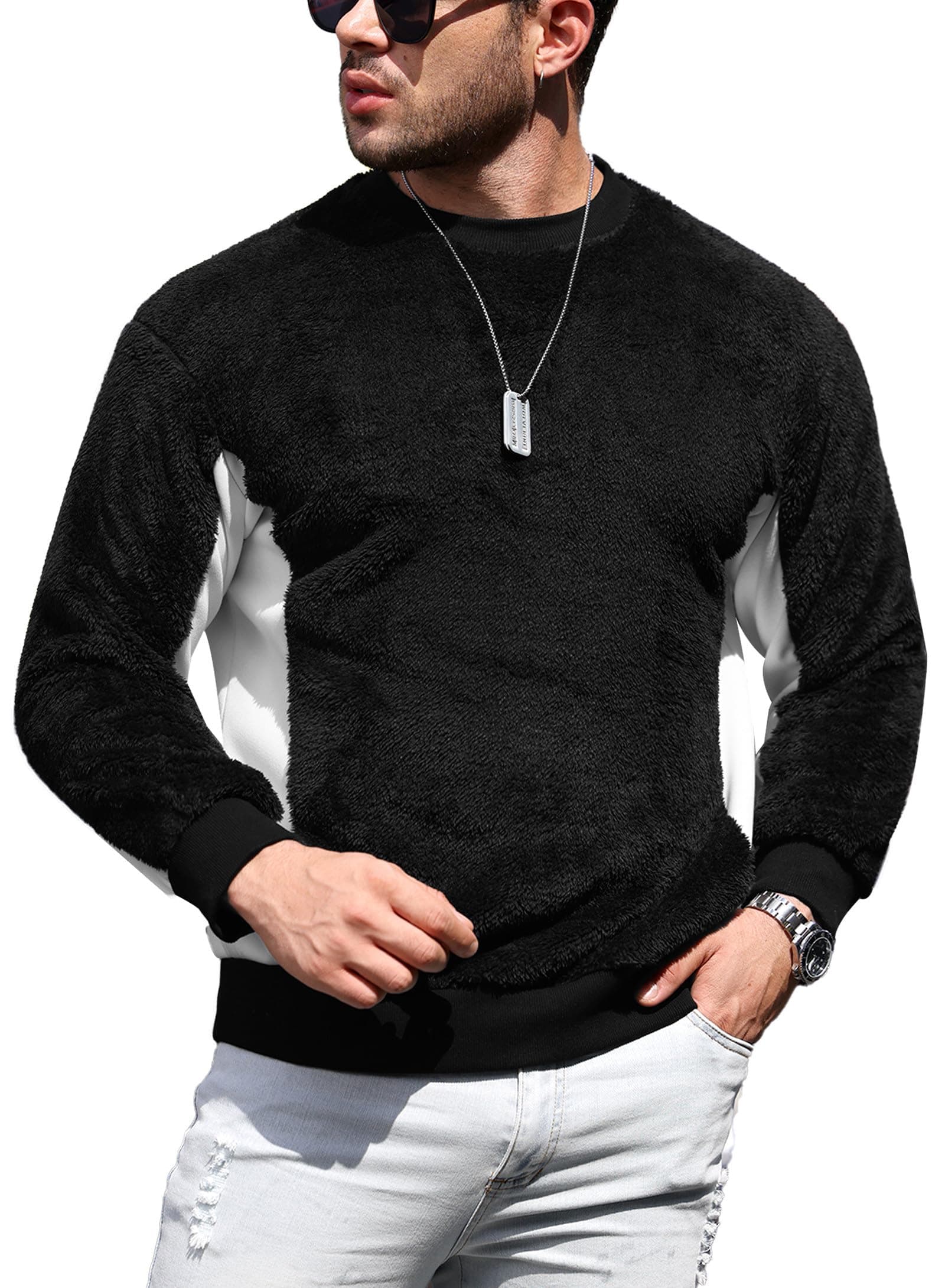 Mainfini Men's Fuzzy Sherpa Sweatshirt Crew Neck Fluffy Fleece Pullovers (S-XXL)