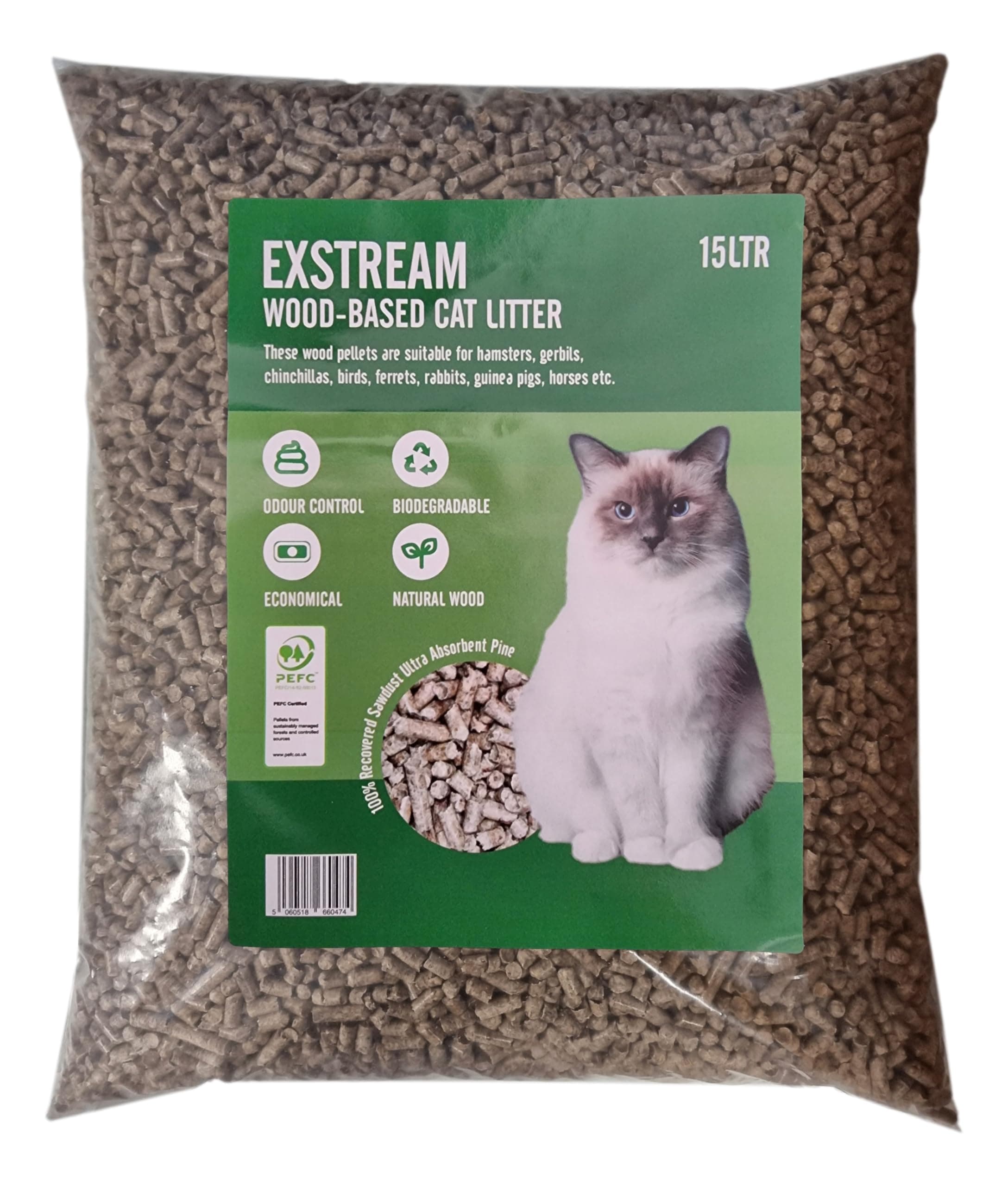 Exstream Cat Litter Wood Pellets Absorbent Pine Hygiene Odour Control 60/30/15/10 Litres (15 Litre Bag)
