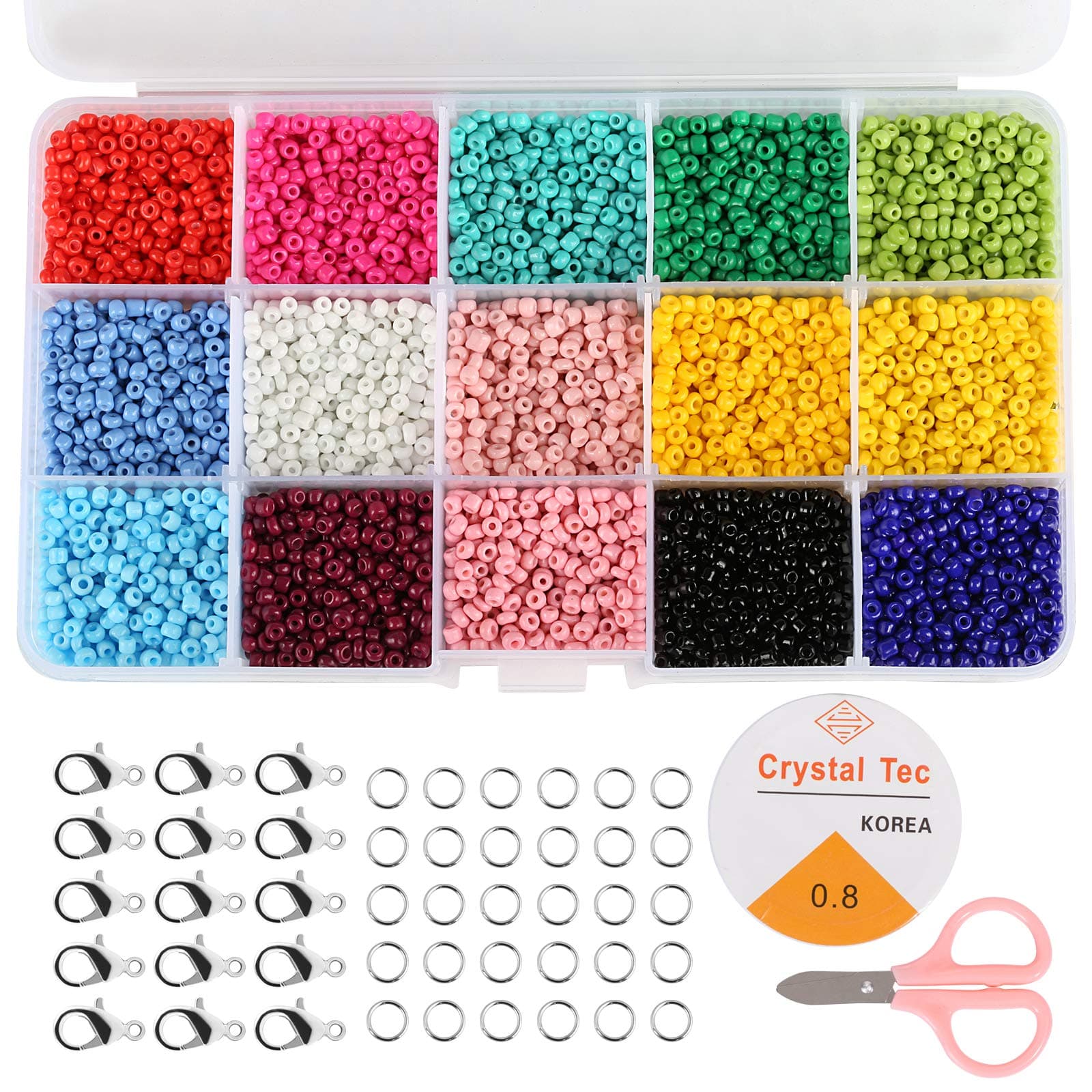 Naler 3mm Glass Seed Beads, 7500pcs Pony Beads in Box 15 Multicolor Assortment Craft Seed Beads with 20pcs Lobster Clasps & 100 Open Jump Rings for Jewelry Making Finding Art Craft DIY Decoration