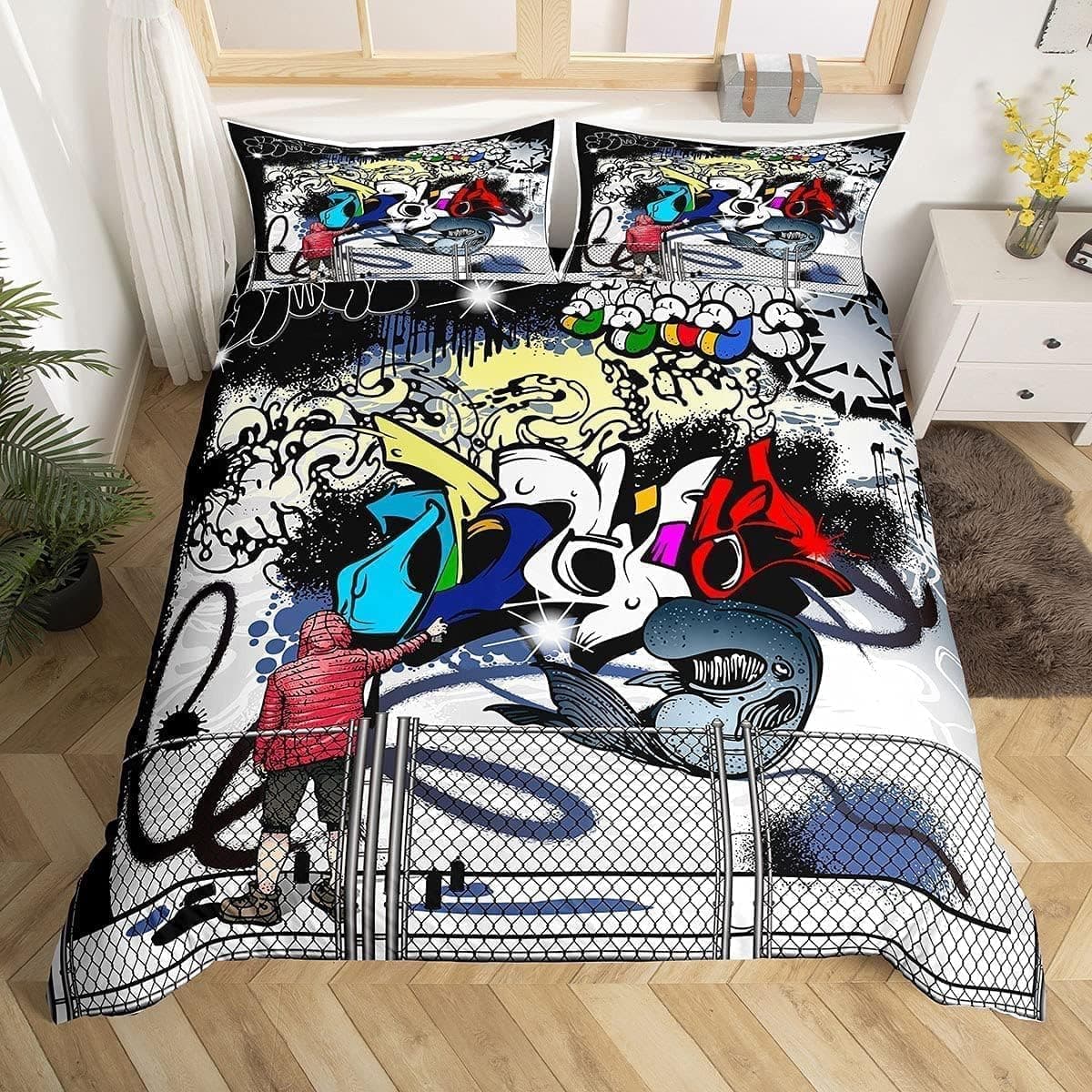 Homewish Graffiti Single Duvet Cover Set Teenage Boy Hip Hop Bedding Sets for Kids, Graffiti Wall Art Design Comforter Cover Abstract Hippie Urban Doodle Pattern Duvet Set, 1 Pillowcase