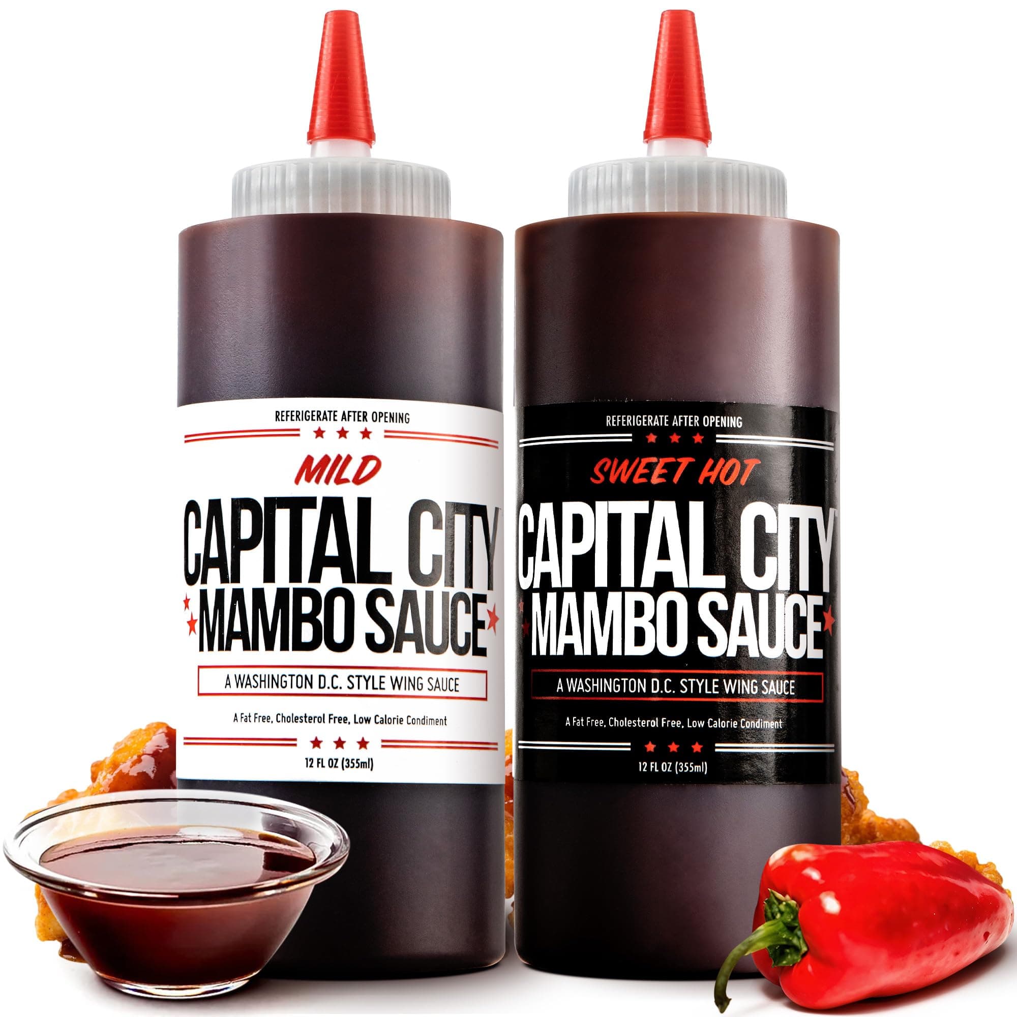 Capital City Mambo Sauce - Variety 2 Pack - Sweet Hot & Mild | Washington DC Wing Sauces | Perfect Condiment Topping for Wings, Chicken, Pork, Beef, Seafood, Burgers, Rice or Noodles | 12 oz Bottles