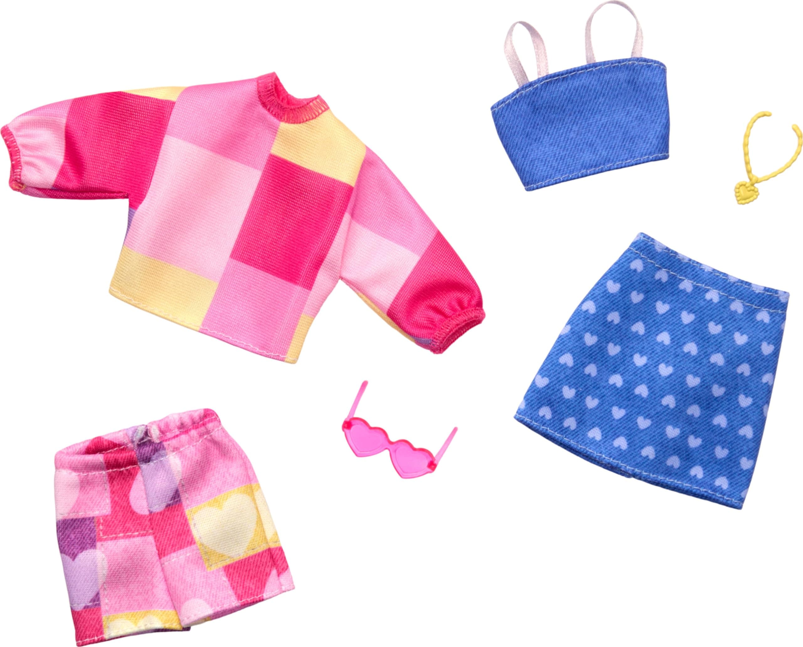 Fashions Clothing Set with 2 Outfits for Fashion Doll Including Pink & Blue Inspired Skirt, Shorts, 2 Tops & 2 Accessories