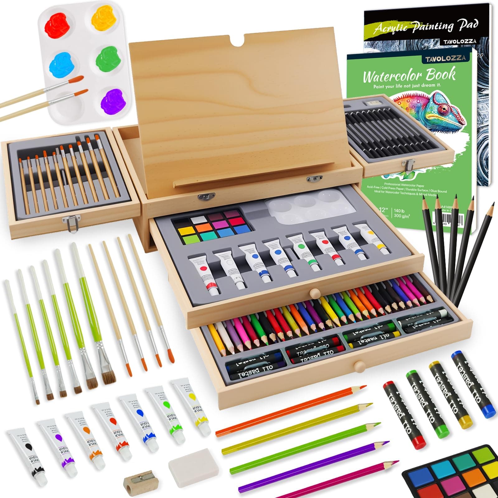 conda 96 Piece Premium Wooden Art Set with 2 Drawing Pads - Painting & Drawing Supplies Kit with Watercolor, Acrylic Paints, Brushes & More Art Supplies for Artists Adults Teens Girls