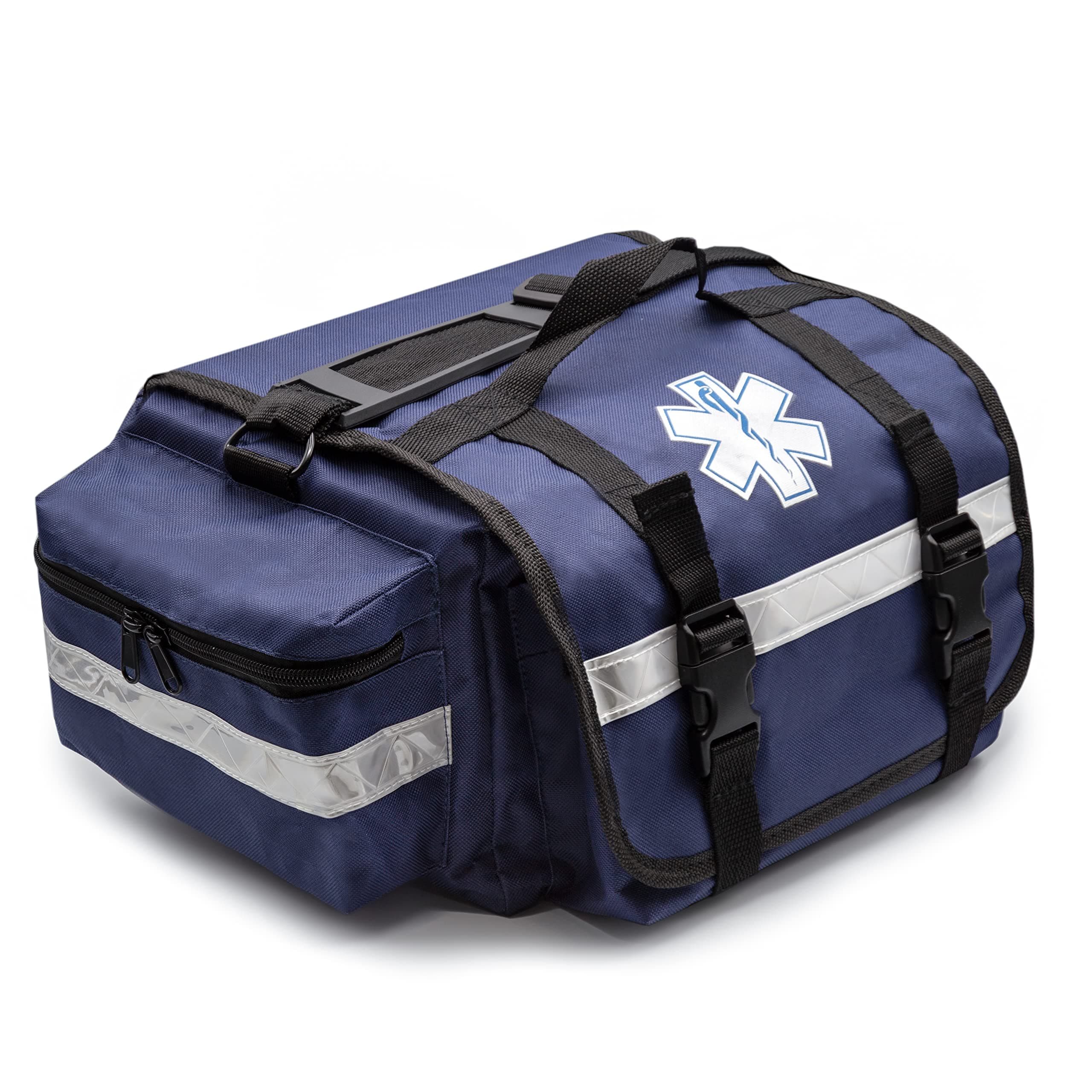 Primacare KB-RO74-B First Responder Trauma Bag, 17" x 9" x 7", Blue — EMT/EMS Medical Supply Organizer with Padded Dividers, Multiple Compartments, Side Pockets, Reflective Strip, Durable Design