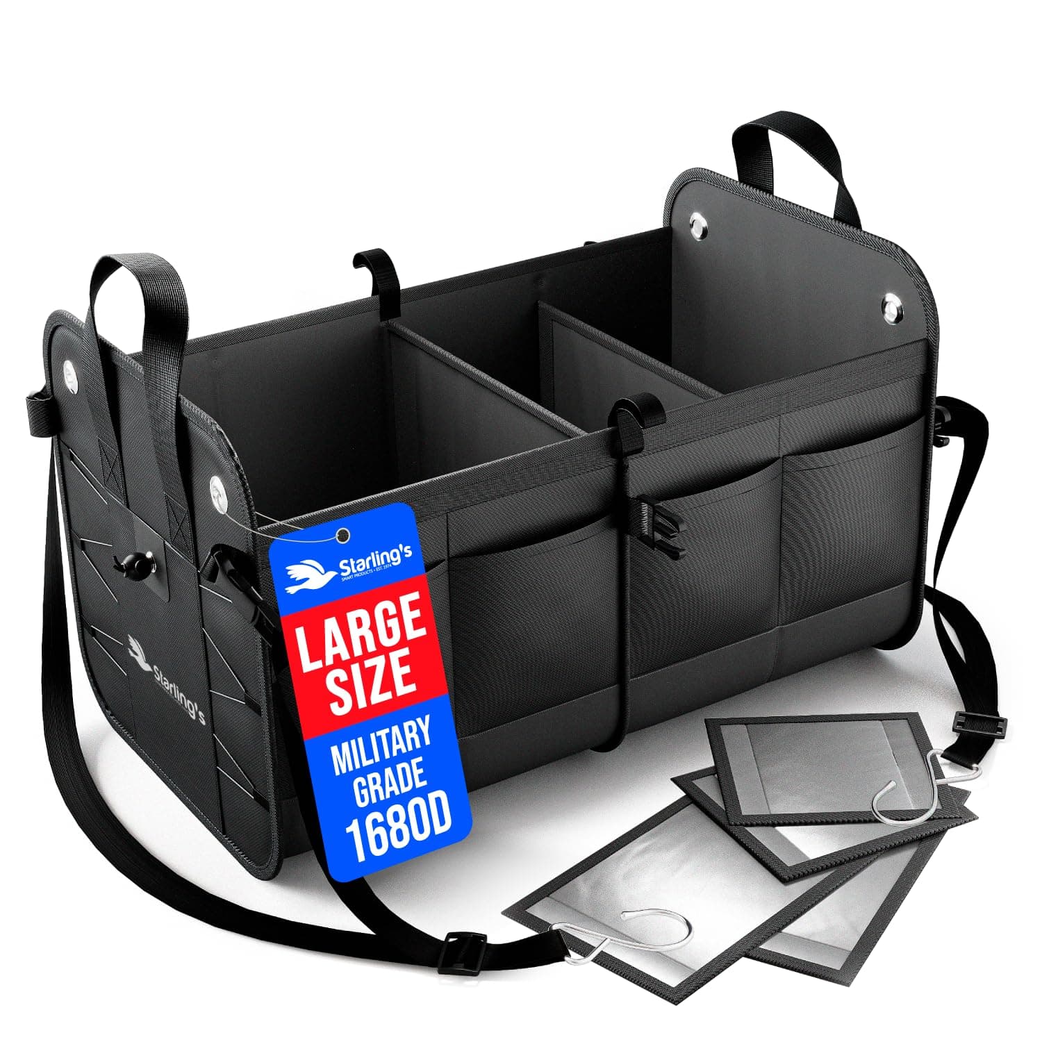 - Car Trunk Organizer – Large Collapsible Storage Box with Adjustable Compartments – Heavy-Duty Cargo Organizer for SUV, Truck & Car – Non-Slip Waterproof Trunk Storage Bin for Groceries & Tools