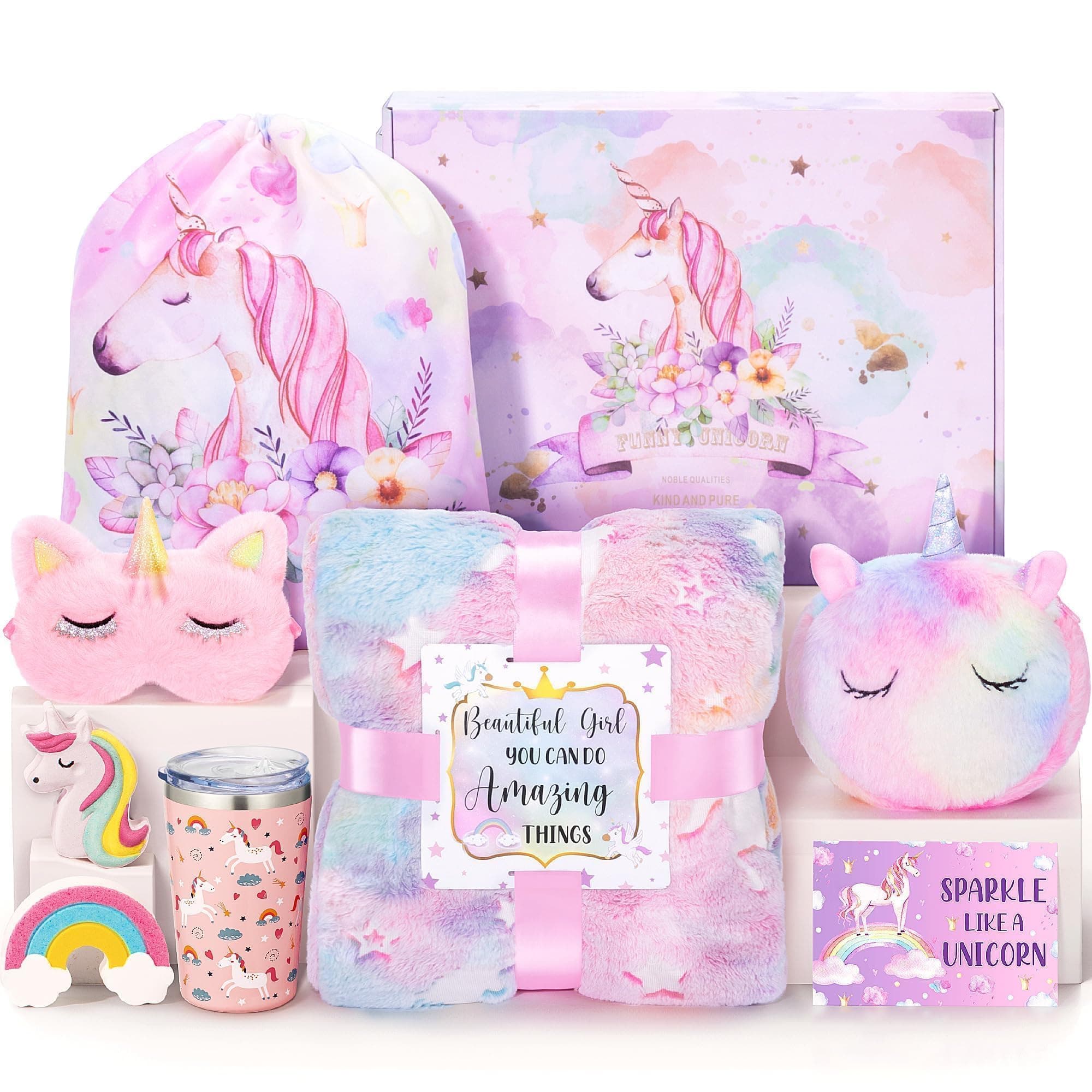 Unicorn Gifts for Girls 4-6 6-8, Birthday Easter Gifts Set for Girls Age 4 5 6 7 8 9+ Year Old Tween Teen Girl Trendy Stuff Kids Unicorn Toys with Glow in The Dark Blanket Purse for Daughter Niece