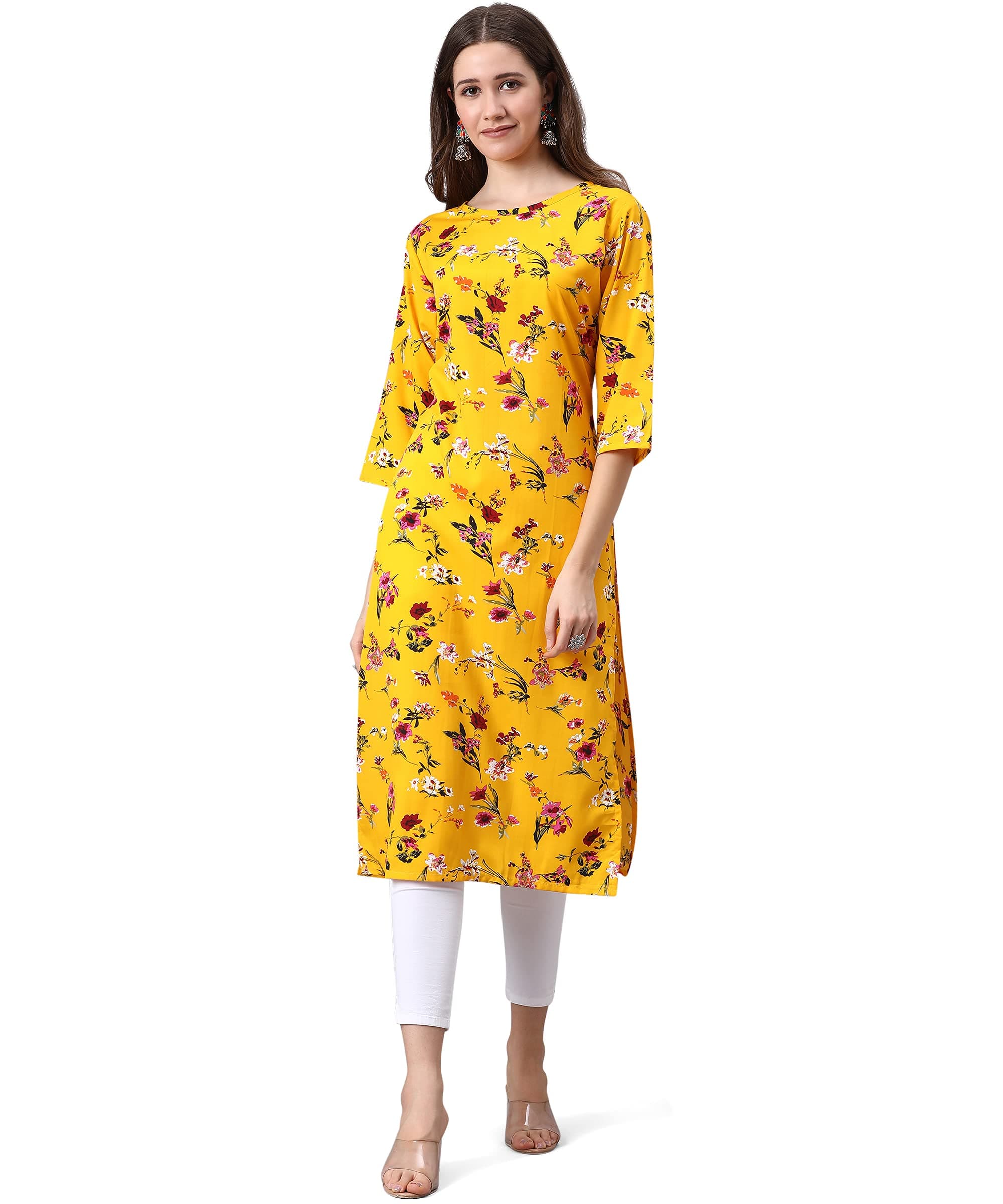 LookMarkWomen's Crepe Printed Straight Kurta/Kurti (K1020-XL_Yellow_X-Large)