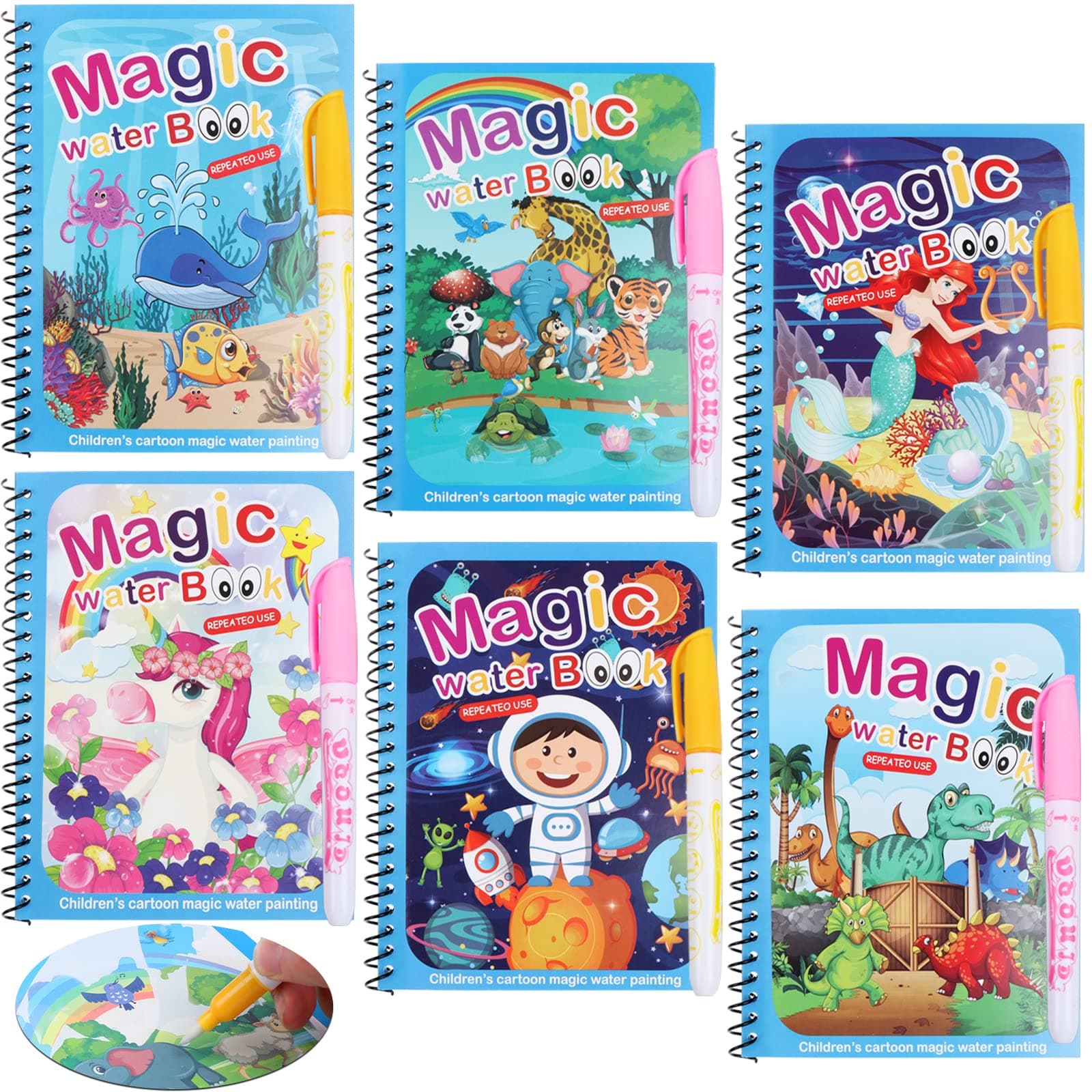 6 Pack Magic Water Coloring Book, Magic Painting Books with Water Pen Mess Free Coloring Books for Toddler 2-4Years Reusable Coloring Book-Gift for Children 3+