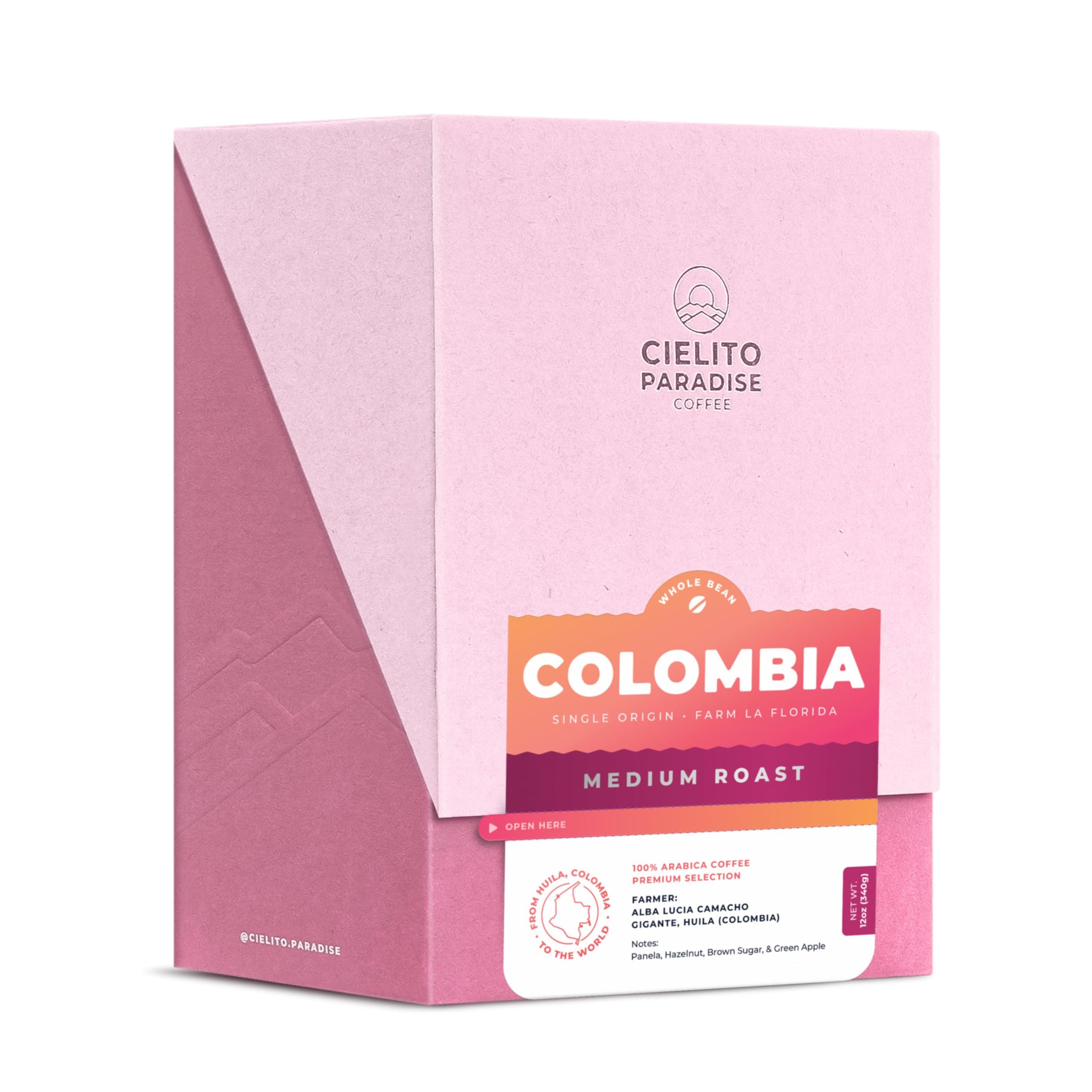 Medium Roast Coffee - Cielito Paradise Whole Bean from Gigante Huila, Colombia, Single Origin, Panela, Hazelnut, Brown Sugar & Green Apple, 12oz