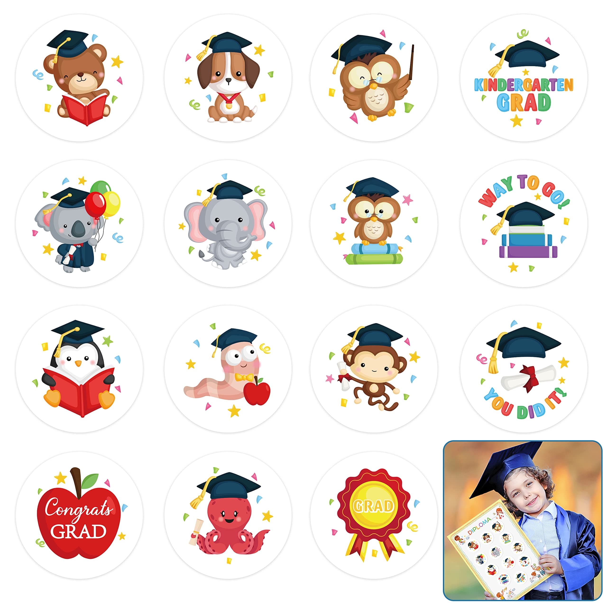 Haooryx 20 Sheets Kindergarten Graduation Gift Tag Label Stickers Round Owl Puppy Animal Kindergarten Class of 2023 Sticker for Card Envelope Seals Boy Girl Preschool School Congrats Grad Party Decors