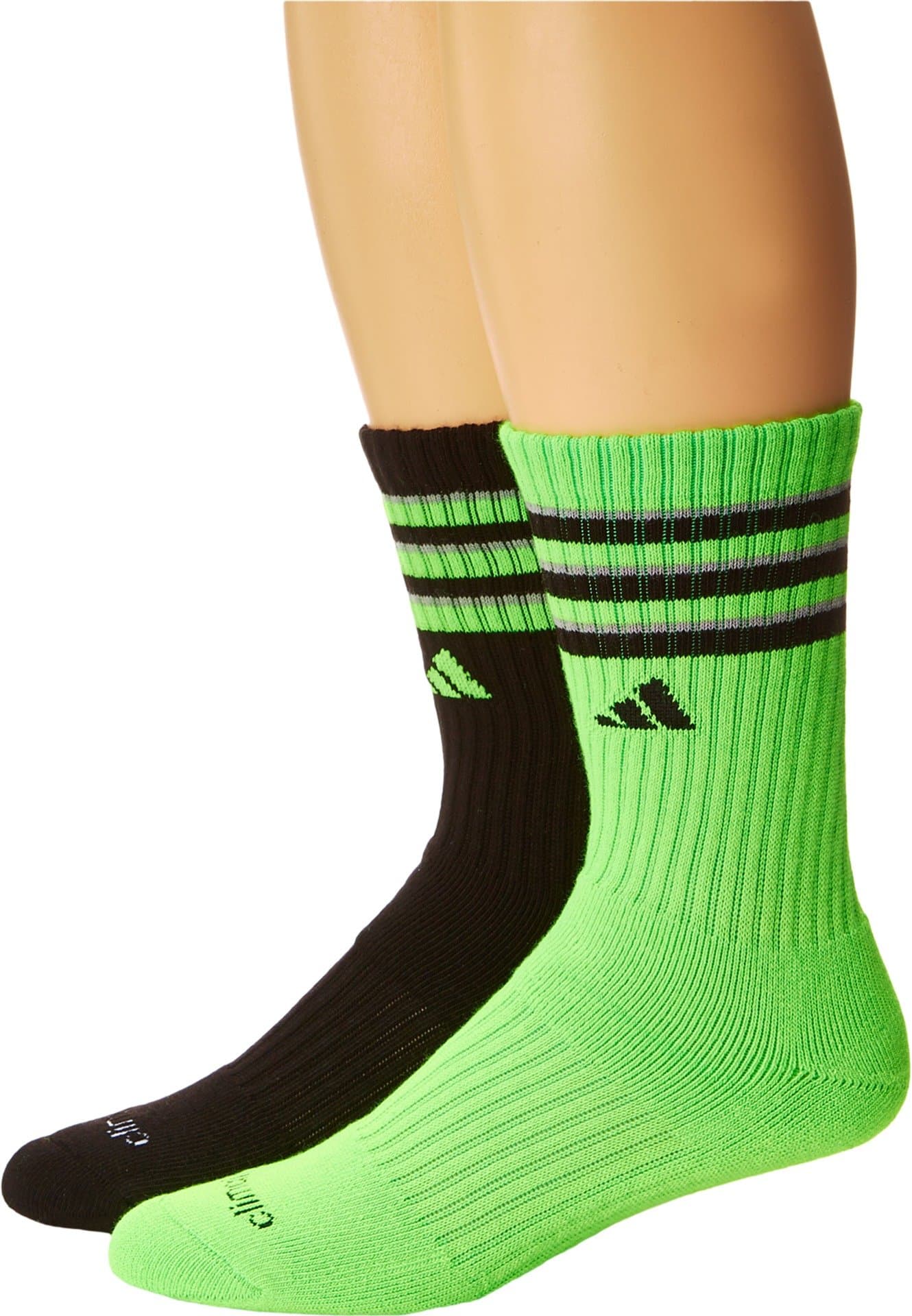 adidas Youth Team Crew Socks (2-Pair), Solar Green/Black/Light Onix, Medium/13C-4Y
