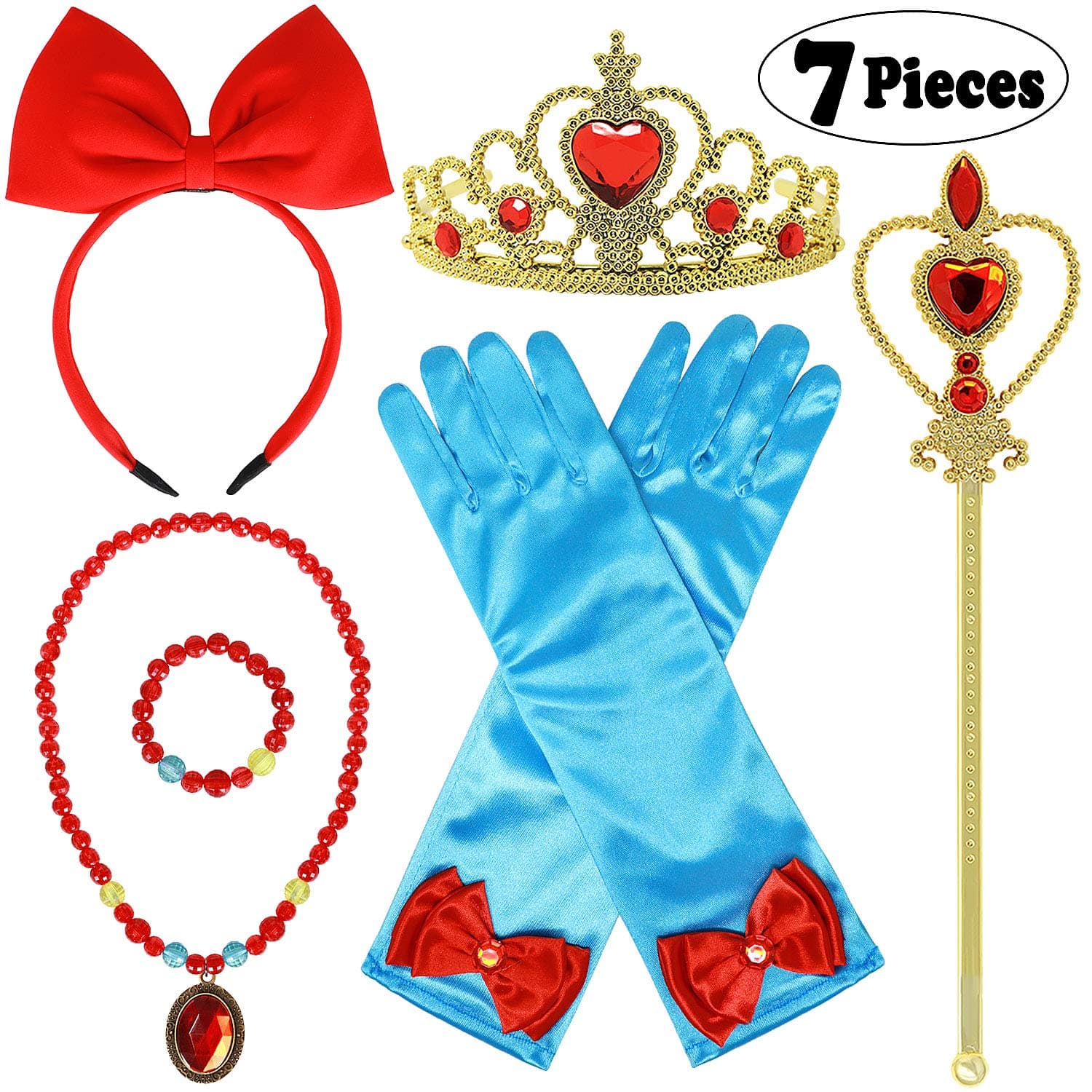 vamei 7pcs Princess Dress Up Accessories for Girls with Princess Jewellery Crown Tiara Wand Gloves Headband Necklace Bracelet Princess Party Supplies (Snow White)