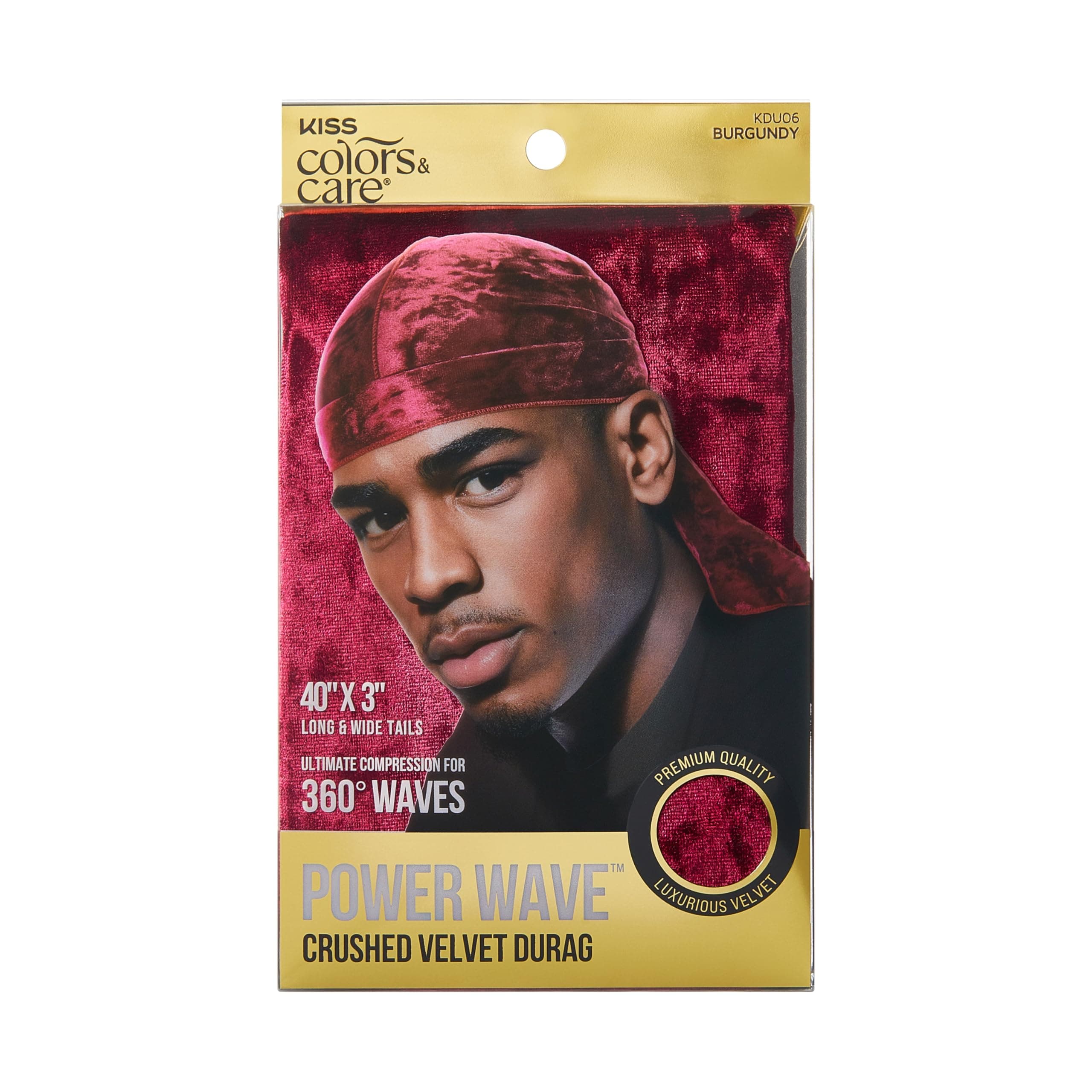 KISS COLORS & CARE Power Wave Crushed Velvet Durag - Burgundy, Maximum Wave Formation, 360° Waves, Super Durable, Strong, Sleek & Stylish, High Compression, Extra Long Tails