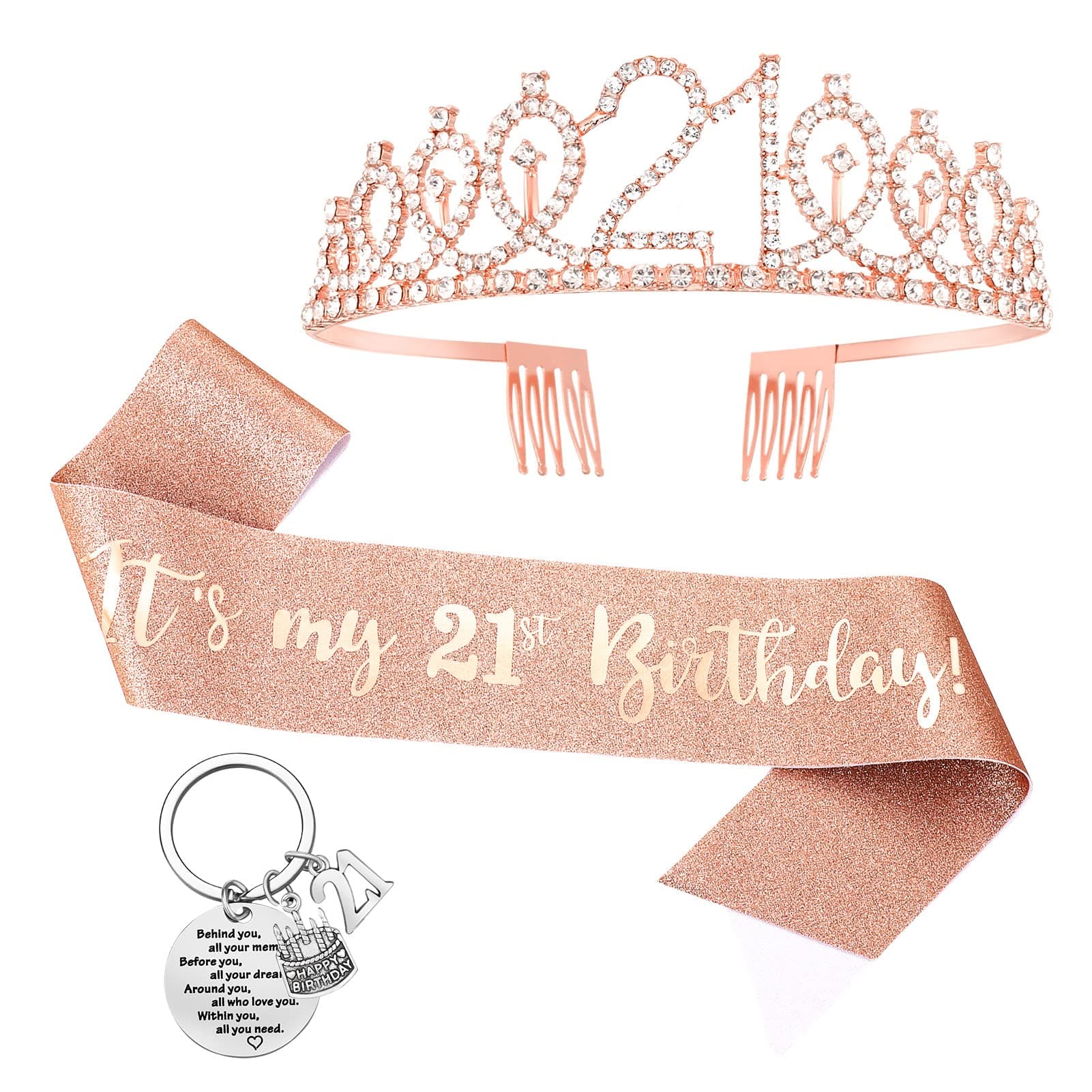 3pcs 21st Birthday Sash and Crown Tiara Keychain for Girls Rose Gold 21st Birthday Set Keyring Glitter Sash and Rhinestone Crown