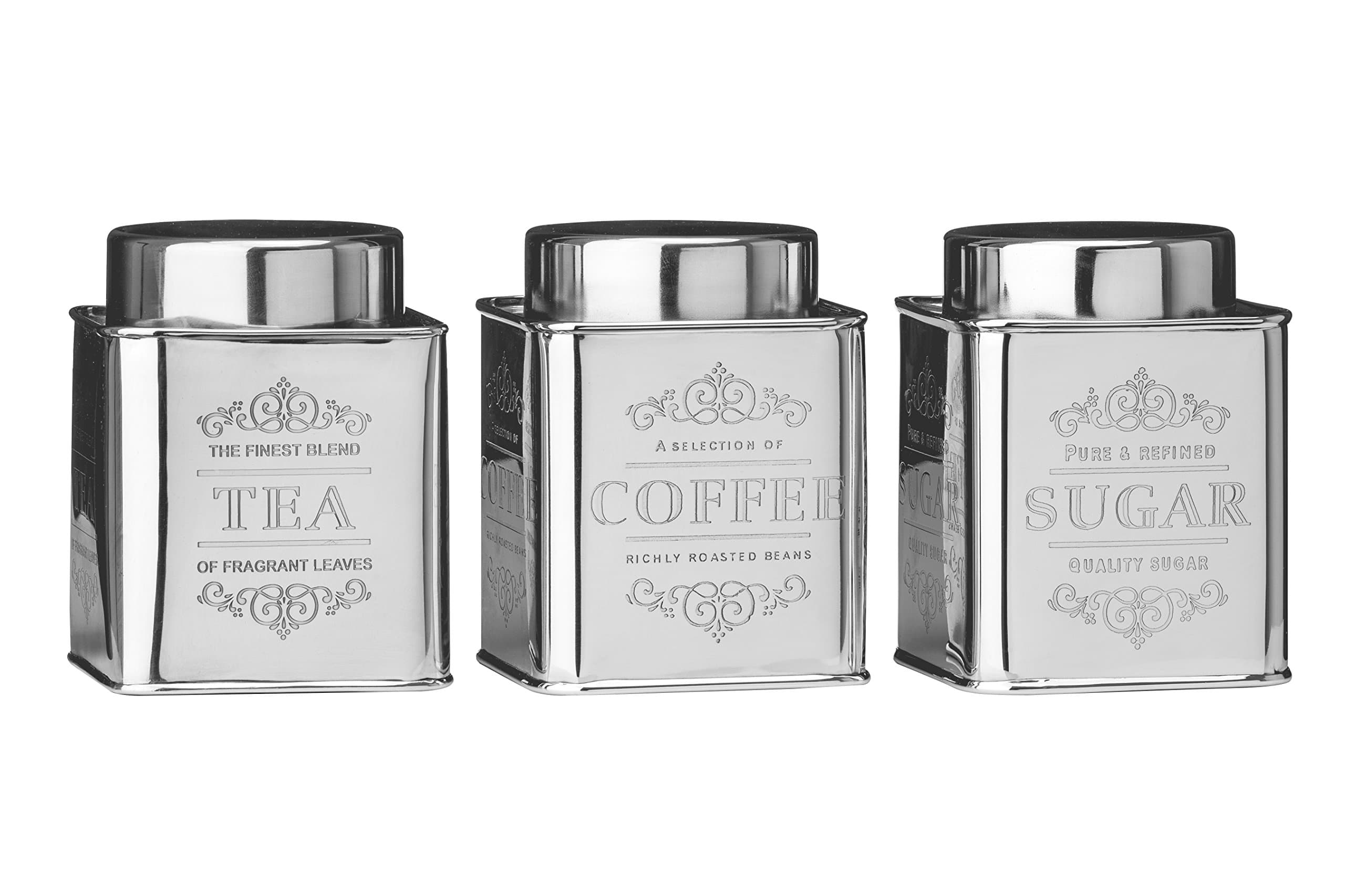 Premier Housewares Stainless Steel Chai Tea/Coffee/Sugar Canisters - Set of 3, Silver