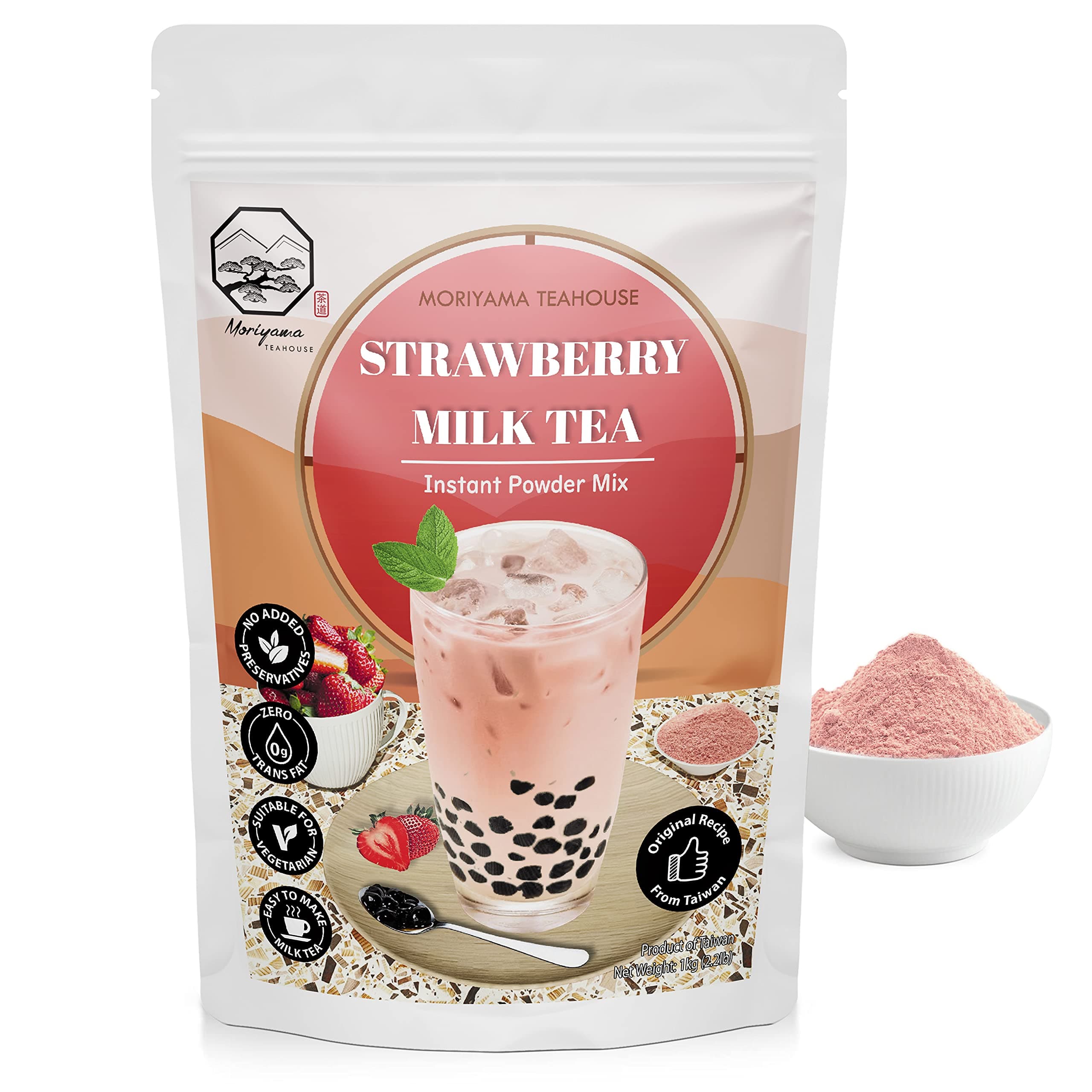 Strawberry Bubble Milk Tea Instant 3in1 Powder Mix - 1kg (33 Drinks) | For Boba Tea, Milkshake, Blended Frappe and Bakery | Authentic Taiwan Recipe | 0 Trans Fat, No Preservatives by Moriyama Teahouse