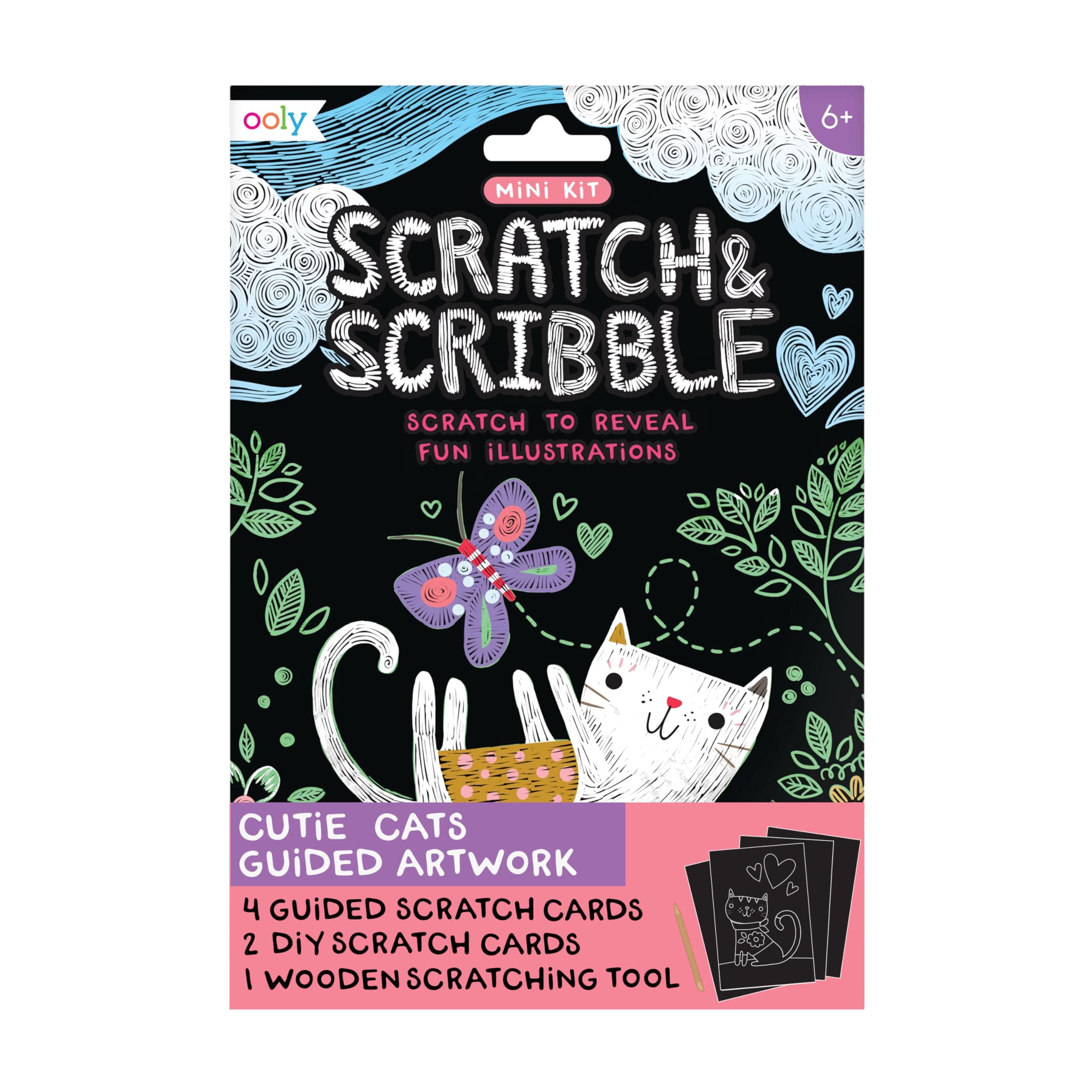 Ooly Mini Scratch & Scribble Art Kit - 6 Card Rainbow Scratch Art Set Gifts for Kids, Travel-Friendly Craft Kit, Wooden Tool Included - Cutie Cats