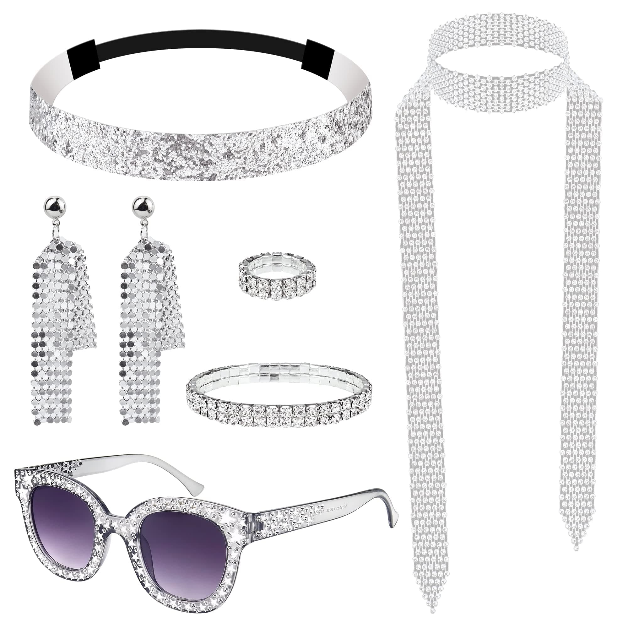7Pcs 1970s Disco Accessories Women Set Bling Earrings Neckscarf Bracelet Ring Sequin Headband Sunglasses Hippie Costume Fancy Jewelry Kits for Girls 70s Theme Dance Party Abba, Silver
