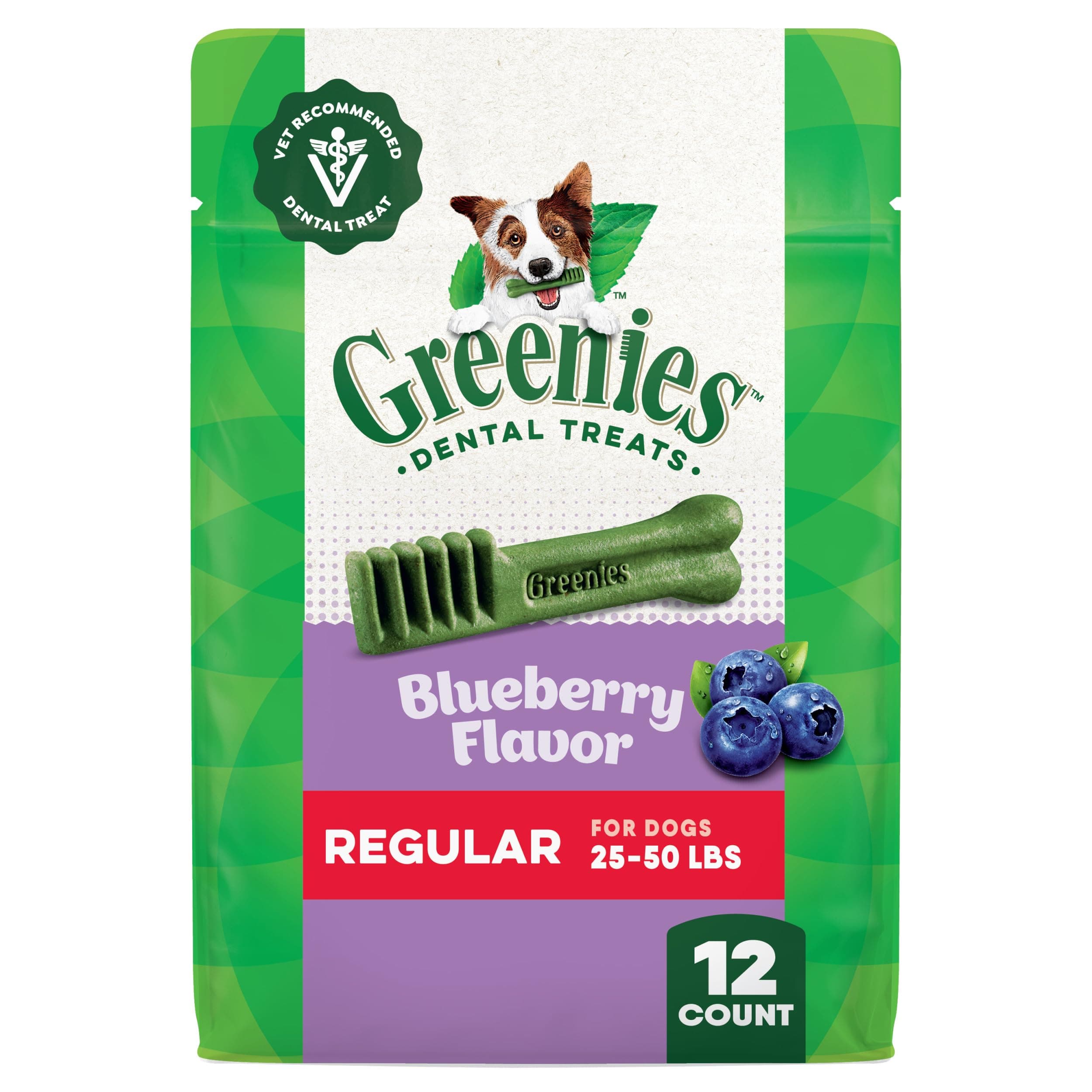 Greenies Veterinarian-Recommended Natural Dental Dog Treats, Dental Chews for Dogs, Regular Size, Blueberry Flavor, 12 oz. Pack, 12 Count