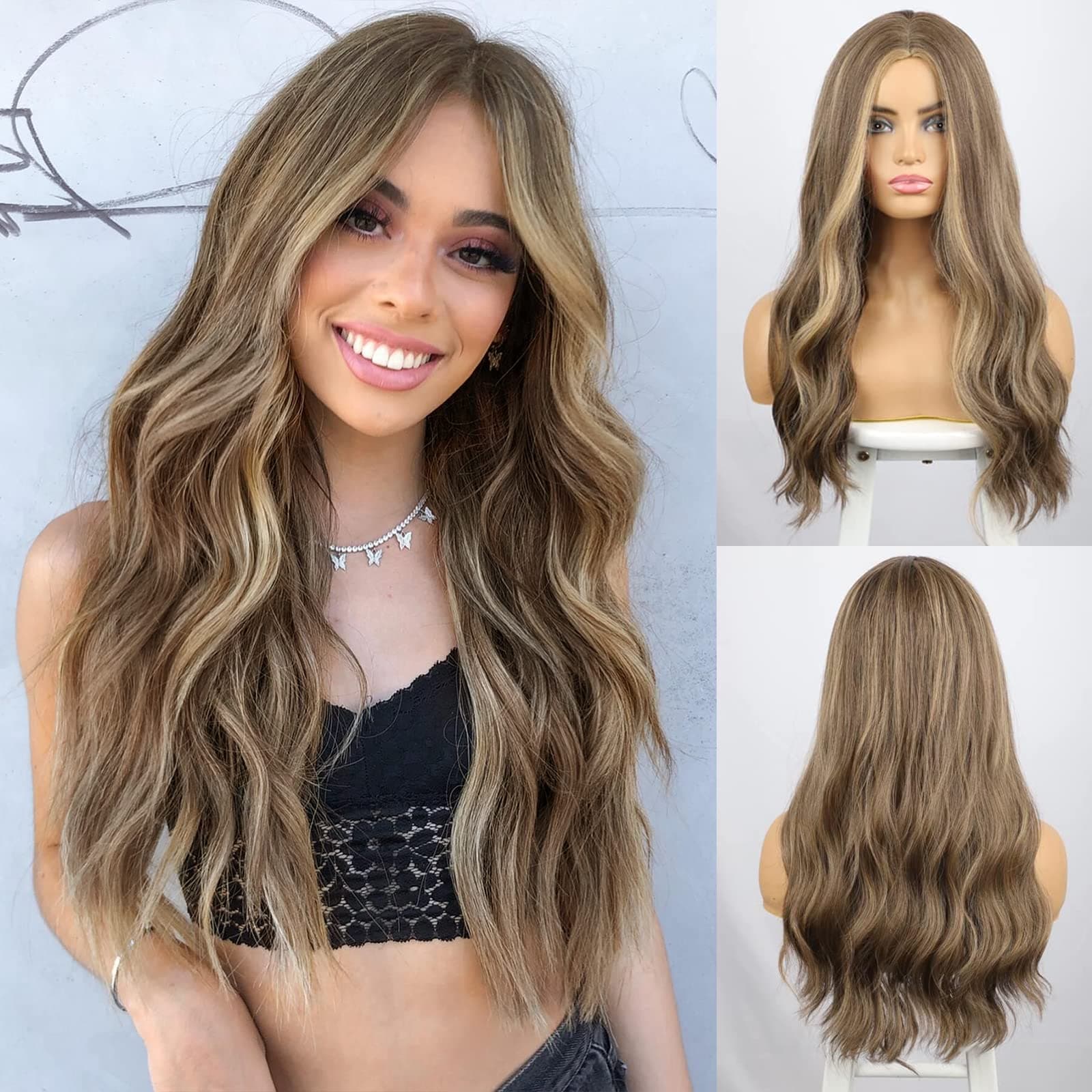 AISI QUEENS Brown Wig Long Wavy Brown Wigs for Women Brown Highlighted Wig Wavy Wigs Synthetic Heat Resistant Wigs for Halloween Cosplay Daily Party Wig（26inch,Light Brown）