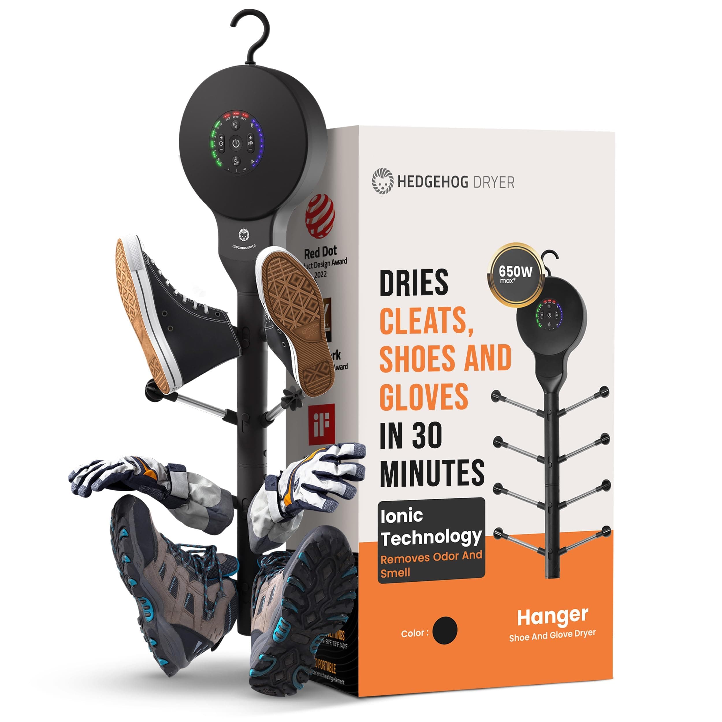 Hedgehog Hanger Shoe Dryer and Deodorizer for Sneakers, Gloves & Mittens – Rapid 4 Pair Shoes Dryer with Ionic i3 Turbo Technology, Turbocharged Drying, Silent & Tornado Mode, Adjustable Heat, Black