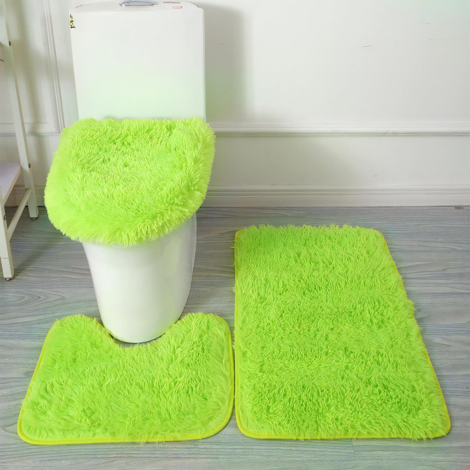 Eanpet Shaggy Bathroom Rugs Sets 3Piece Green Bath Mat for Bathroom Non-Slip Bathroom Mats Water Absorbent Bath Rug Floor Mats Soft Washable Shower Rug with U-Shaped Contour Rug Toilet Lid Cover