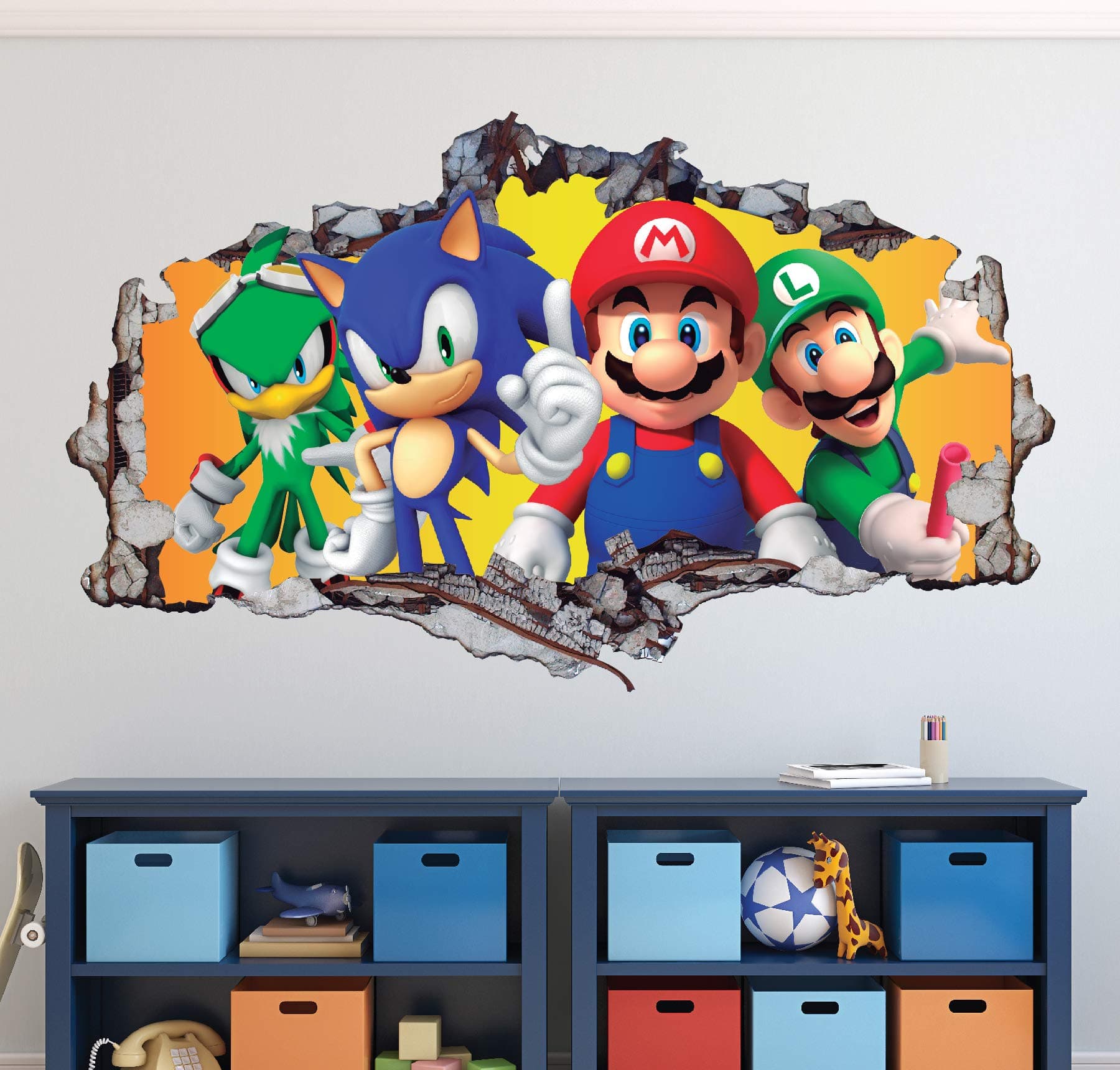 Mario Bros Friends Wall Decal Art Decor 3D Smashed Sonic The Hedgehog Sticker Mural Kids Gift Large HA04 (30" W x 18" H)