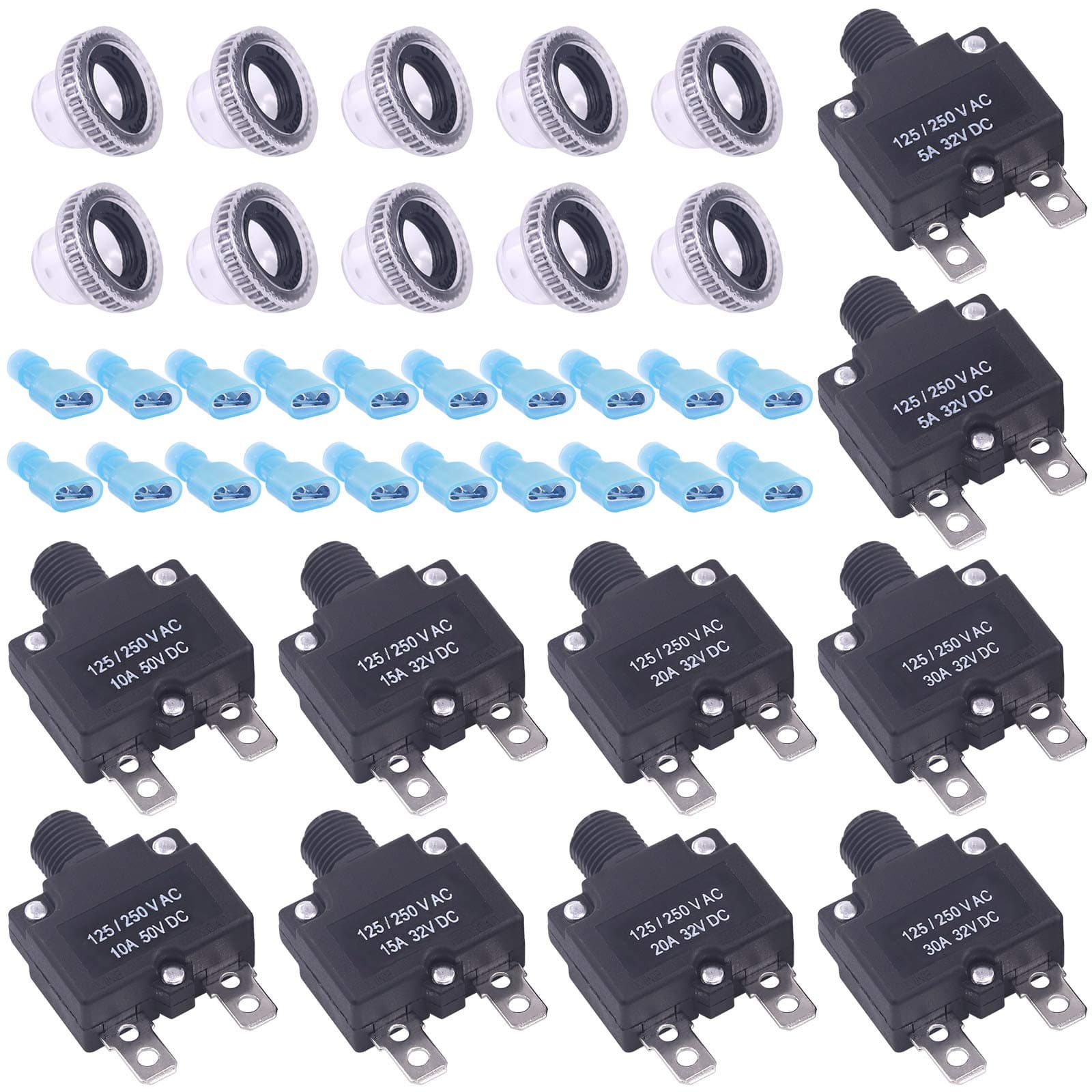 30 Pcs DC Push Button Reset Circuit Breaker Assorted Set with Quick Connect Terminals and Waterproof Button Caps, 5A 10A 15A 20A 30A Overload Protector Switch Kit for Automotive Marine
