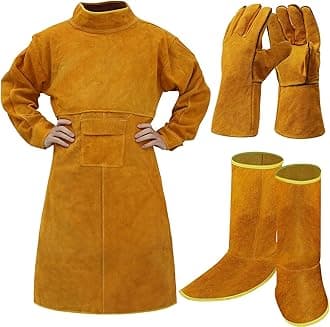 3 Pcs 47 Leather Welding Apron with Sleeve Welding Gloves Heavy Duty Durable Forge Welding Welding Boot Covers Heat Resistant Flame Retardant Welding Jacket for Men Women Blacksmith