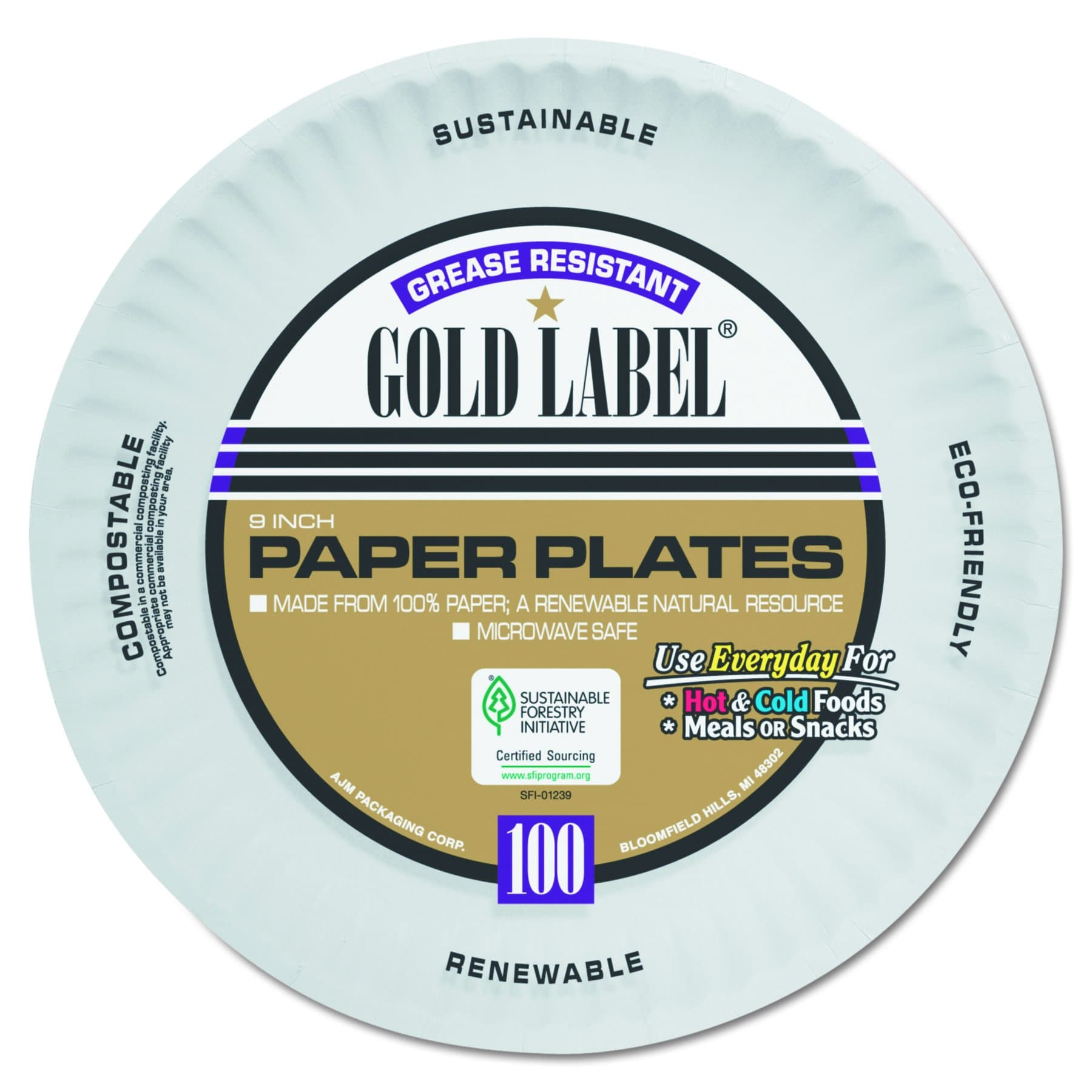AJM Packaging CP9GOAWH Gold Label White Coated Paper Plate, 9" Diameter (12 Packs of 100)