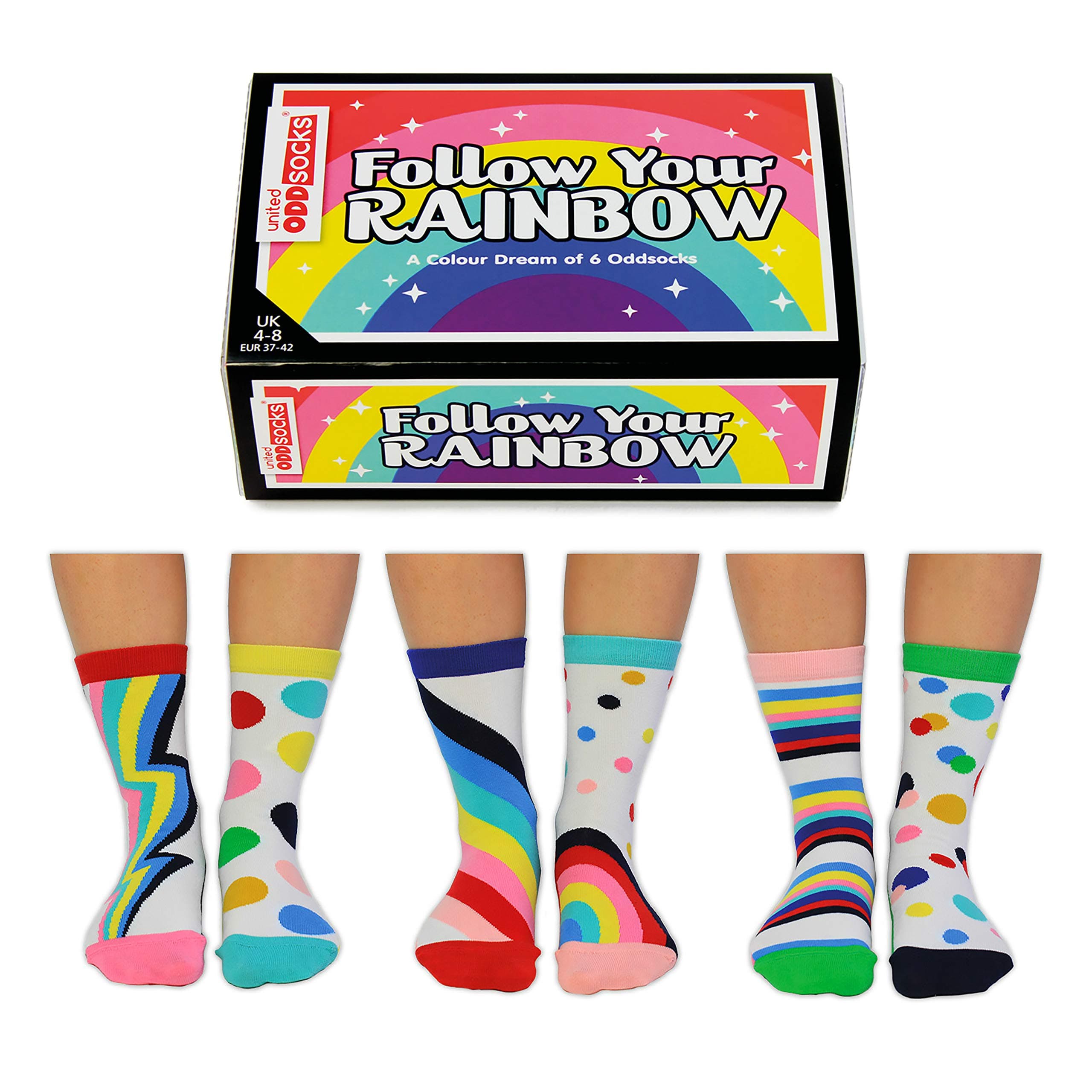 Follow Your Rainbow - United Oddsocks- Ladies Box of 6 Oddsocks - UK 4-8 EUR 37-42 US 6.5-10.5