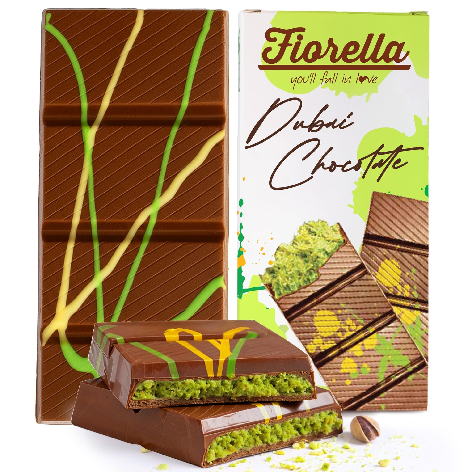 Fiorella Dubai Chocolate Bar Pistachio, Luxury & Premium Dubai Milk Chocolate Bar Filled with Pistachio Butter & Shredded Knafeh Kadayif, Snacks for Kids & Adults - 7.05 Oz