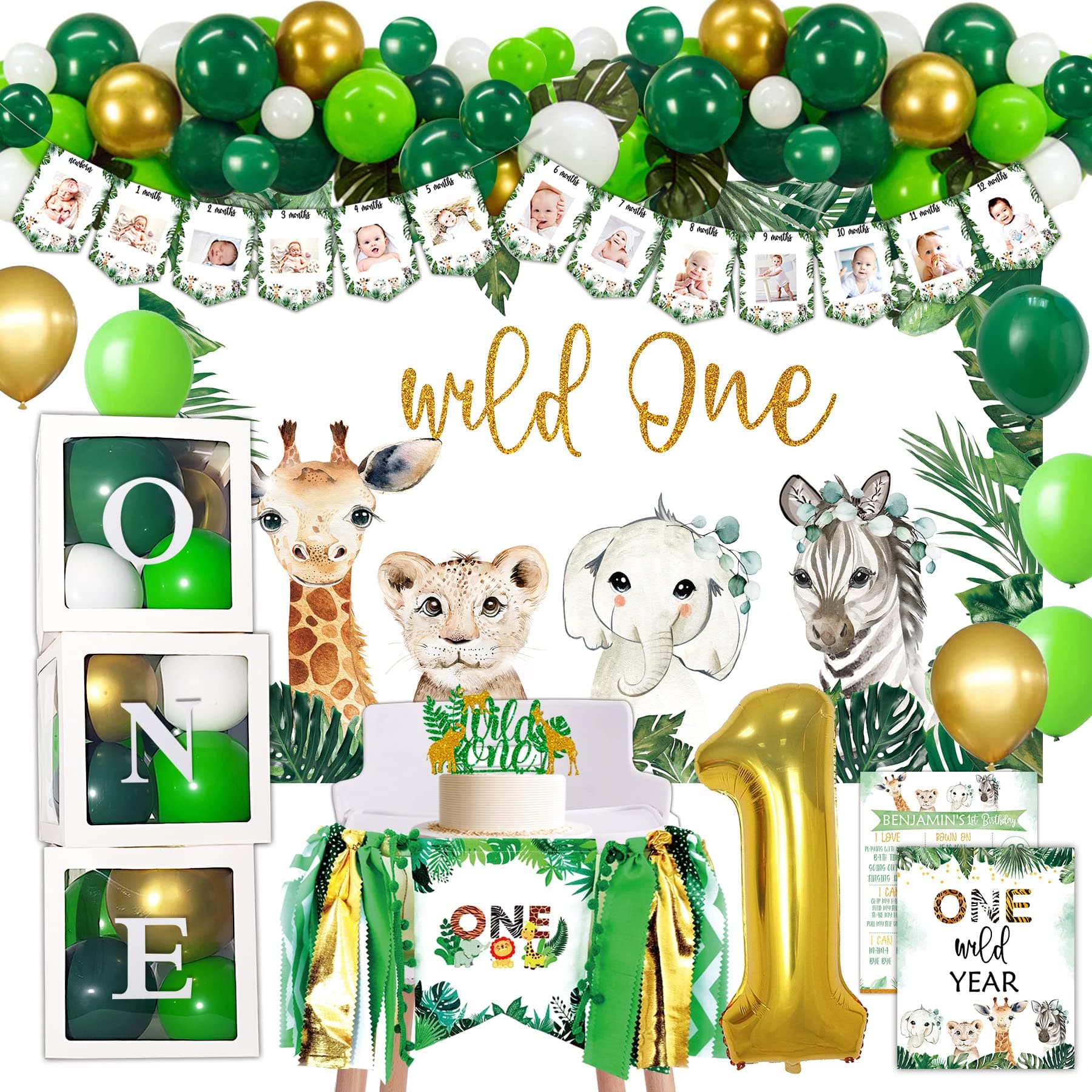 Wild One Birthday Decorations Supplies, Jungle Theme First Birthday Decoration, First Birthday Balloon Box for 1st Birthday Boy Girls Decorations, Jungle Safari 1st Birthday Party Supplies