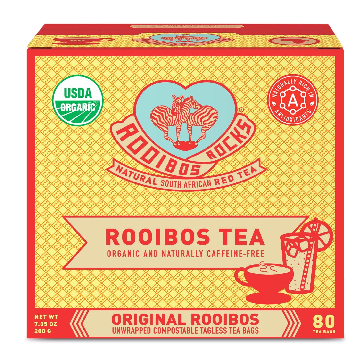 Caffeine Free Organic Rooibos Tea Bags 80 - Naturally Sweet Herbal Tea Safe for Kids & Pregnant Women – Low Tannin Premium South African Tea Red Tea - Sustainably & Ethically Farmed Red Rooibos Tea