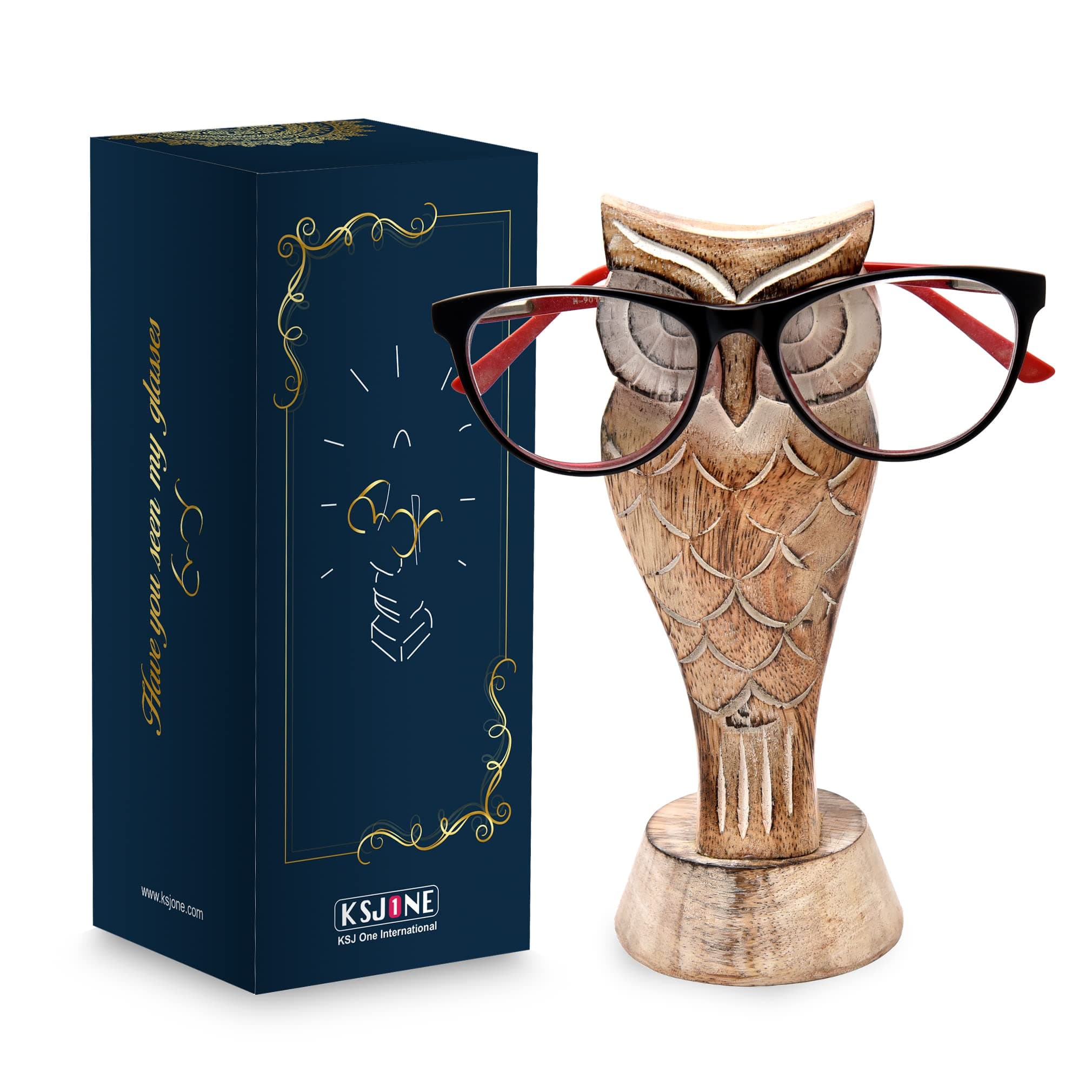 Gift Packaged Unique Owl Spectacle Holder Wooden Eye glasses Stand Handmade Gift for Women and Men Home Office Gift for Teacher Him Her Mom Dad Desk Organizer for Kids