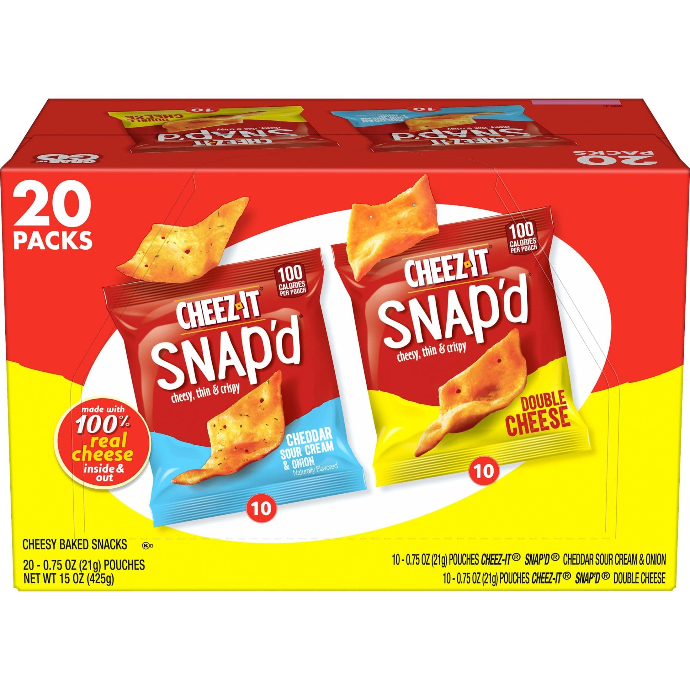 Snap'd Cheese Cracker Chips, Thin Crisps, Lunch Snacks, Variety Pack, 15oz Box (20 Packs)