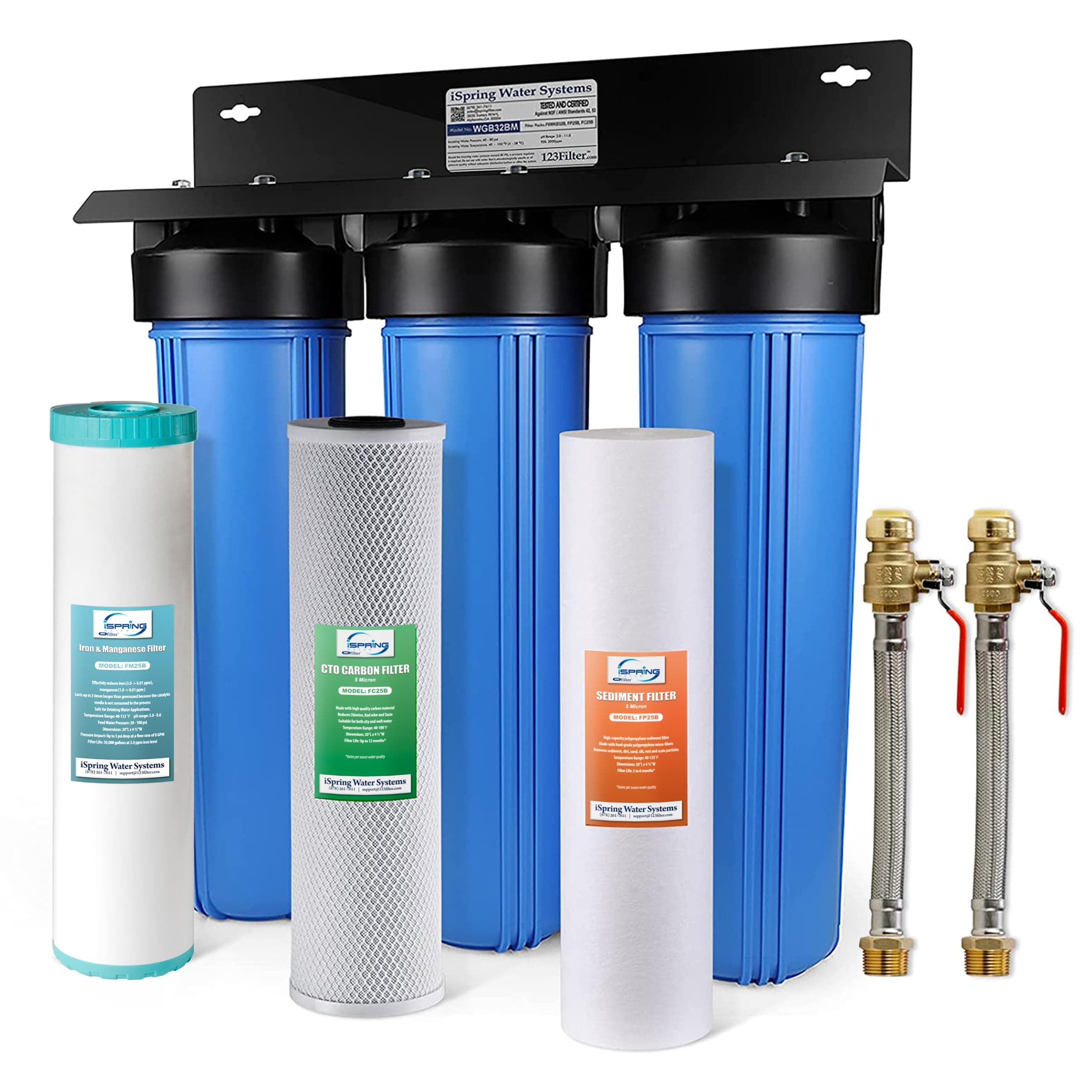 iSpring WGB32BM+AHPF12MNPT16X2 3-Stage Whole House Water Filter System, Reduces Iron & Manganese, Chlorine, Sediment Home Water Filtration System w/ 3/4'' Braided Stainless Steel Hose Connectors