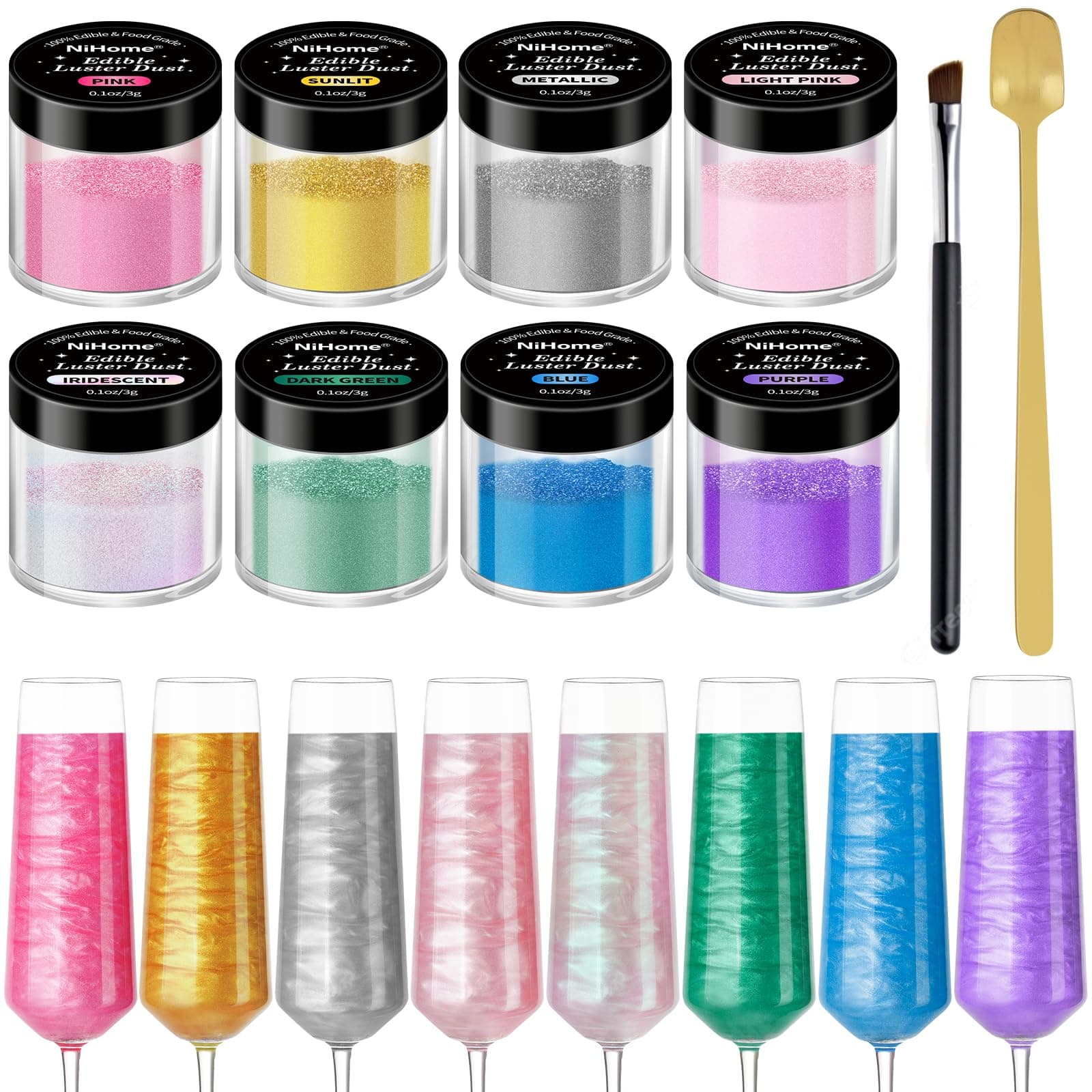 NiHome Edible Luster Dust Glitter Food-Grade Glimmer Powder Metallic Fancy Food Decorating Sprinkle Glimmery Dust for Drink Wine Beverage Cake Dessert Bakery Vegan Allergen-Free (8-Color, Fine)