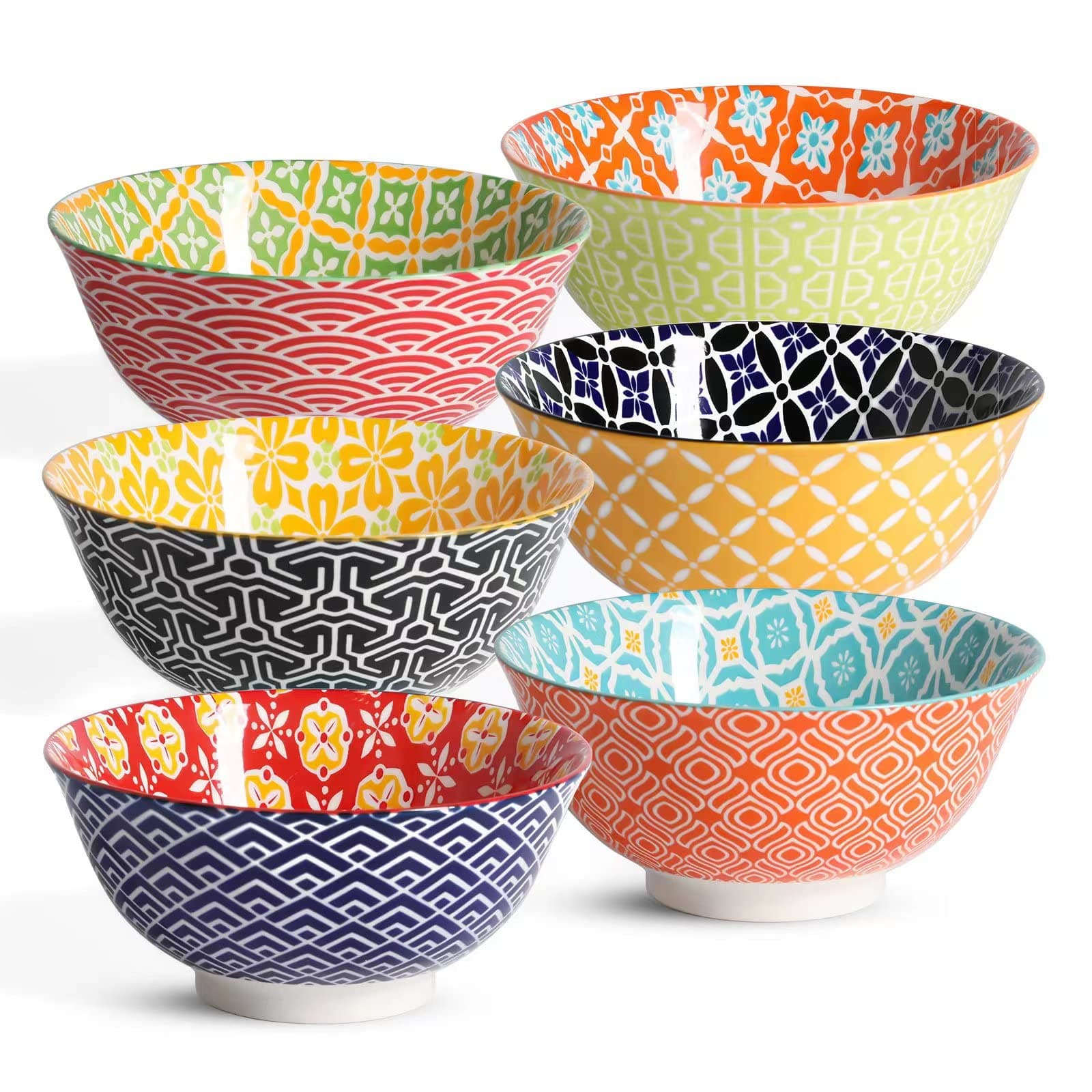 Ceramic Cereal Bowls, 23 Oz Colorful Bowls for Kitchen, Deep Soup Bowls Set for Dessert, Salad, Pasta, Ice Cream, Oatmeal, Set of 6