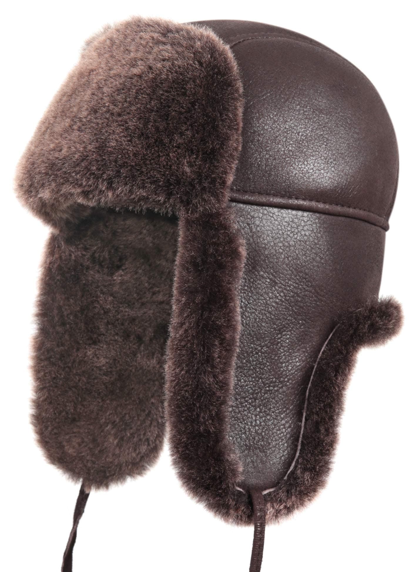 Leather Aviator Shearling Ushanka Trapper Hat Russian Sheepskin Cap Real Fur Winter Hat with Ear Flaps for Men Women