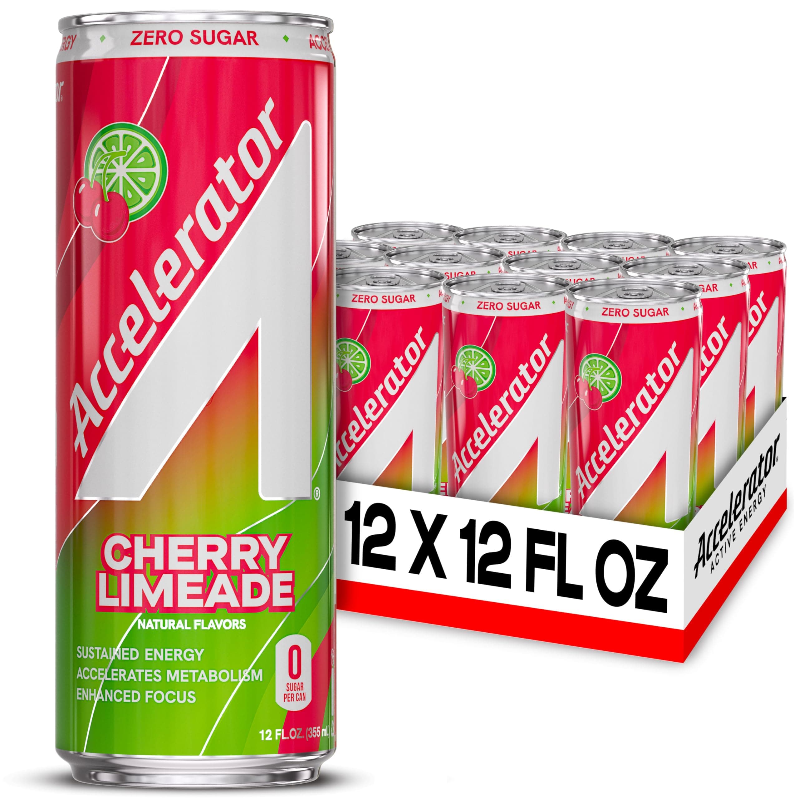 Accelerator Energy Drink, Cherry Limeade 12oz can (12 pack), Zero Sugar, Sustained Energy from 100% Natural Caffeine (200mg from Green Coffee Bean & Green Tea extract)
